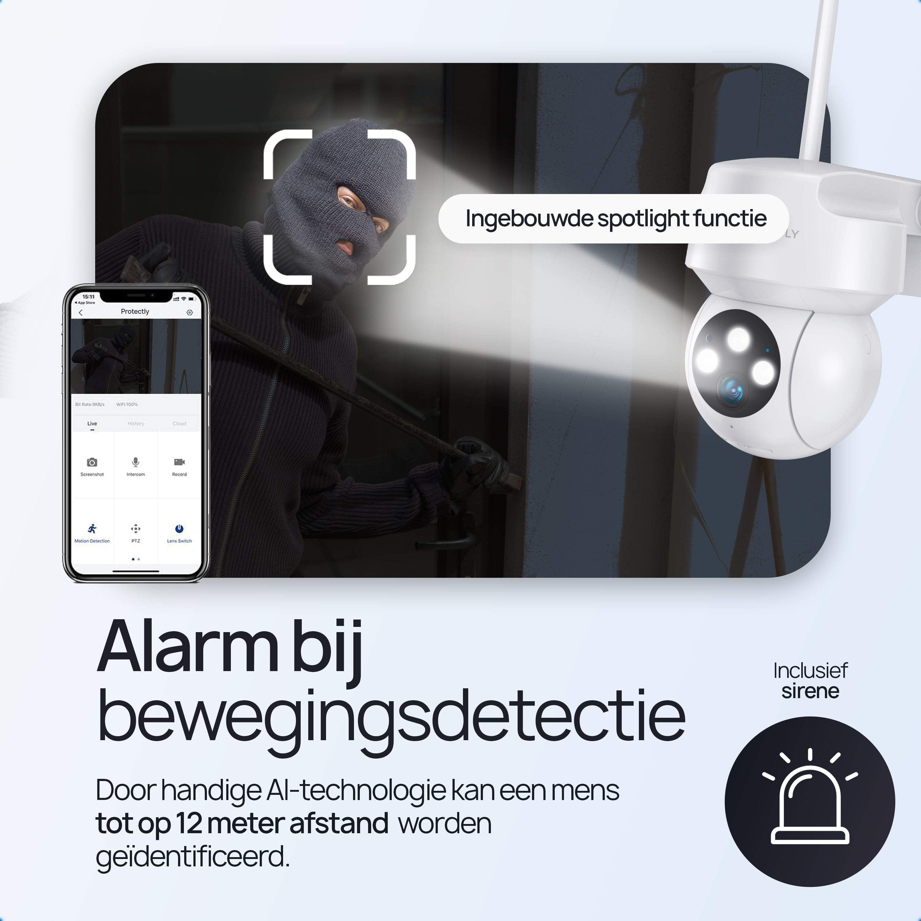 Inbreker met bivakmuts vastgelegd door beveiligingscamera met spotlight.