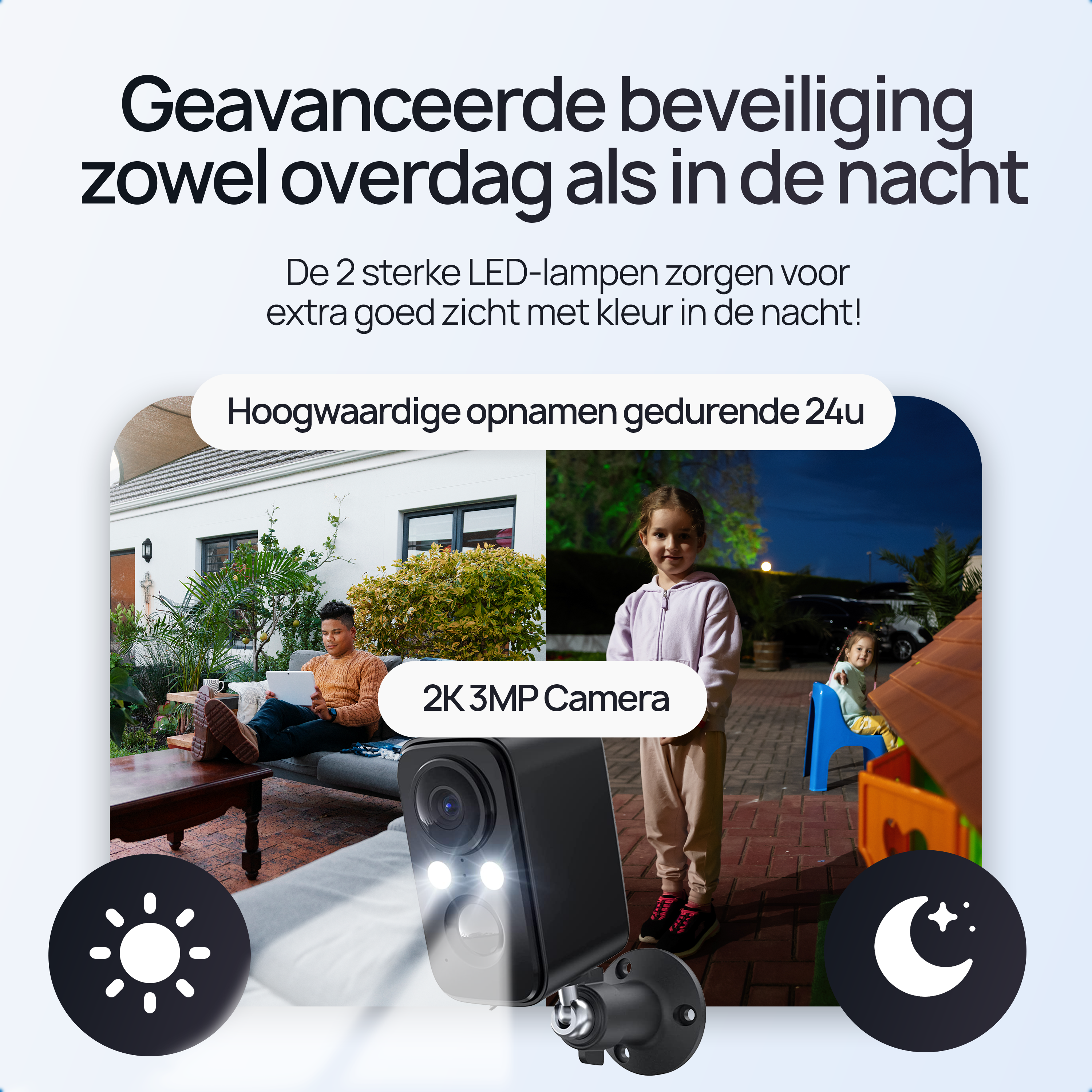 Beveiligingscamera met 2K 3MP, dag- en nachtzicht, LED-licht.