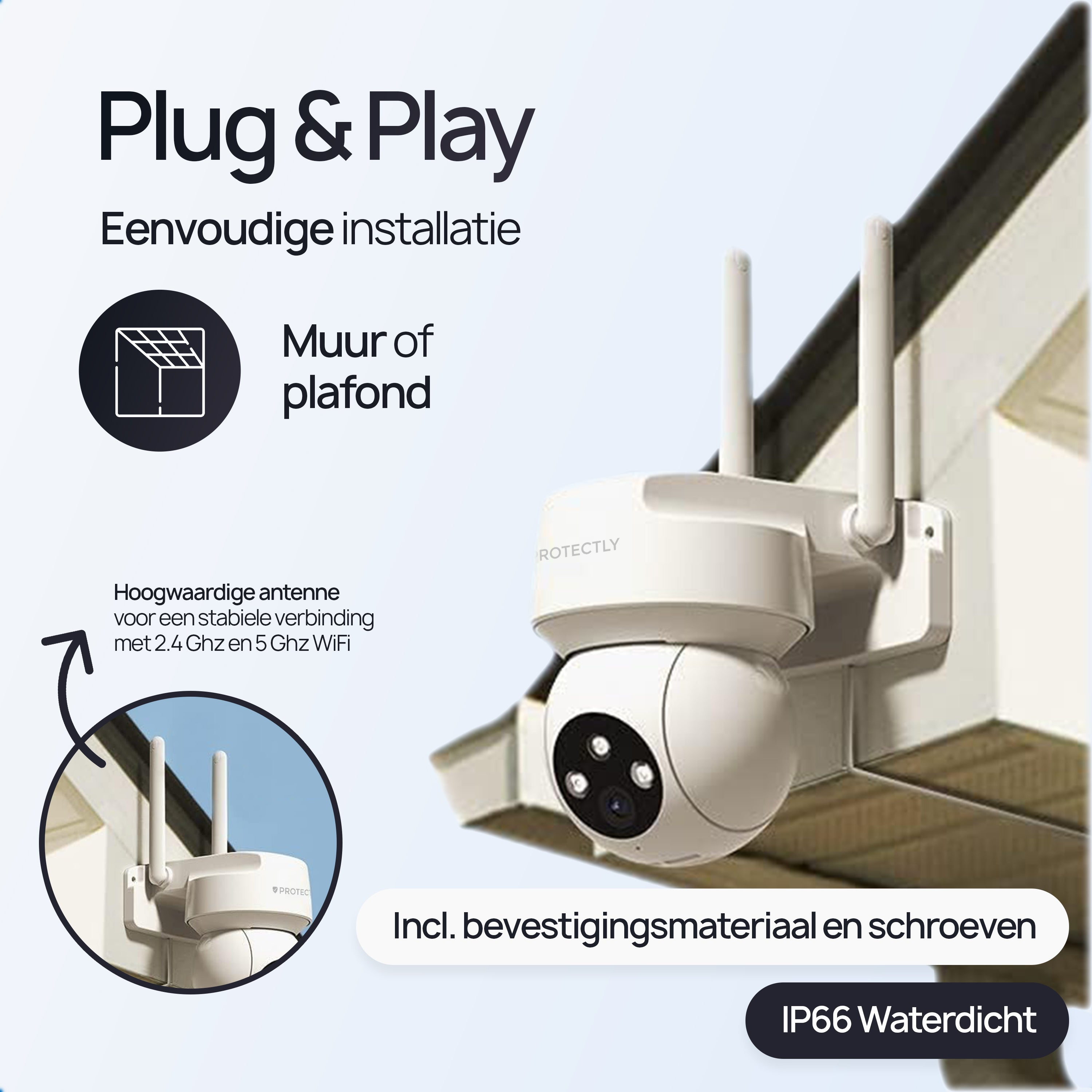 Witte beveiligingscamera met twee antennes, gemonteerd op een dakrand.