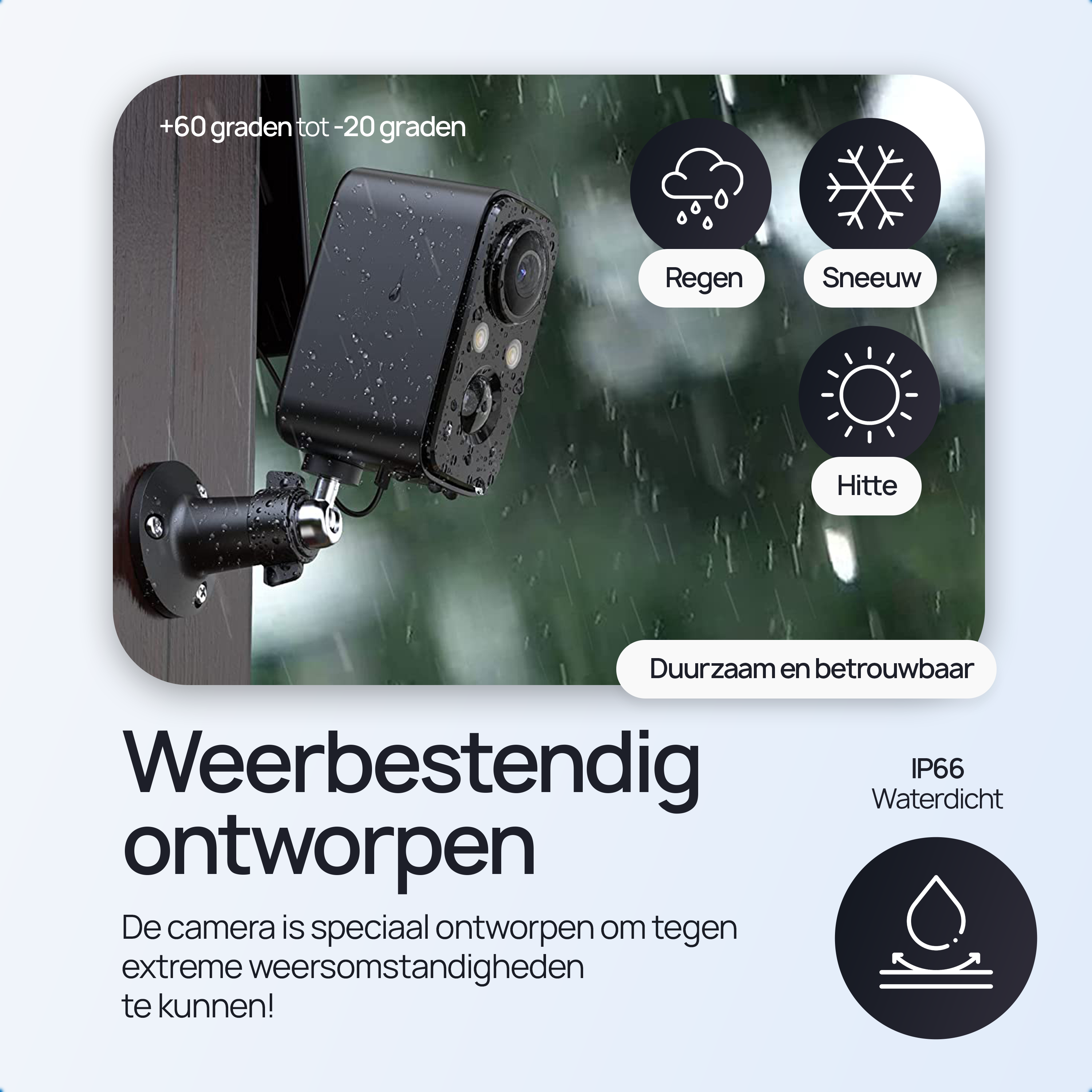 Een zwarte camera met regendruppels, ontworpen voor extreme weersomstandigheden.