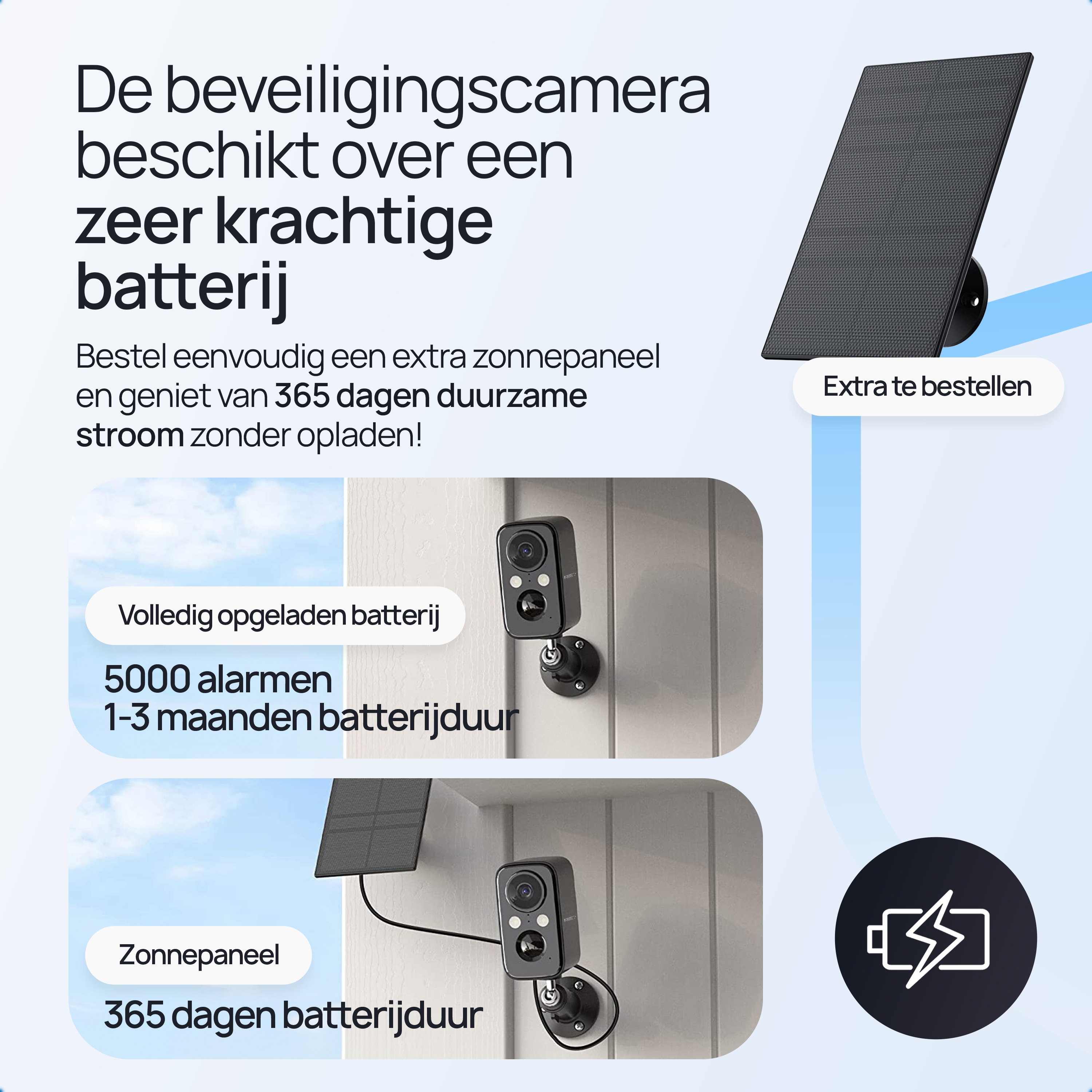 Beveiligingscamera met zonnepaneel. 365 dagen batterijduur.