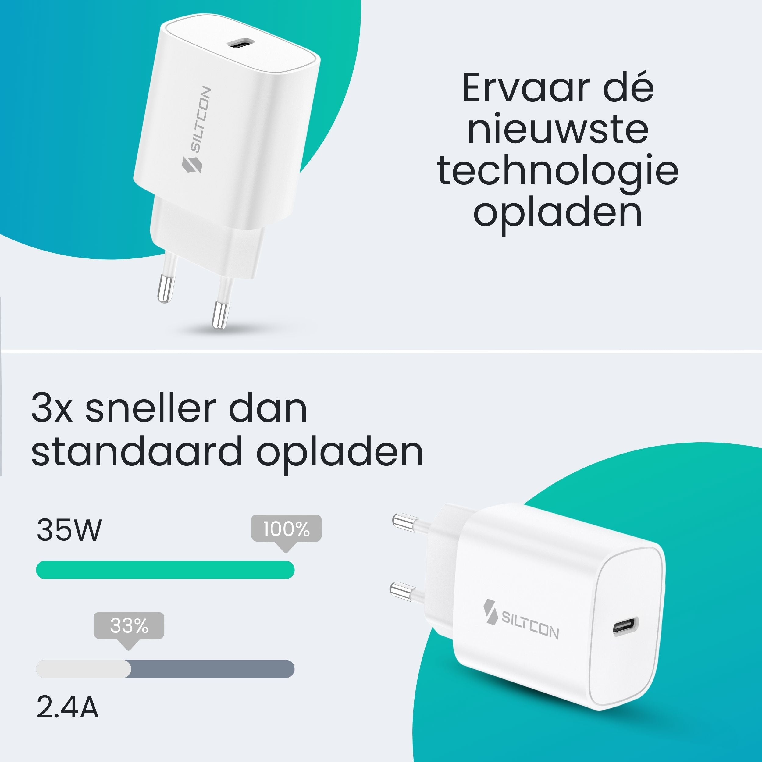 Een witte SILTCON oplader met USB-C poort en laadindicatoren.