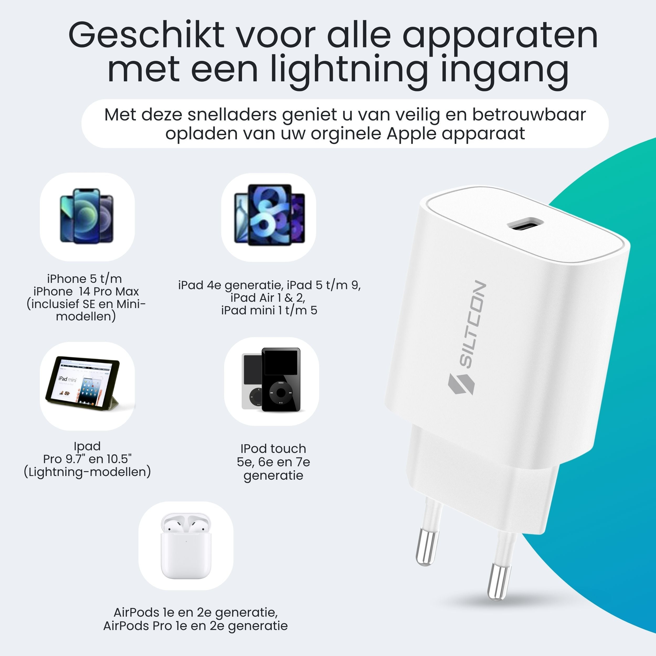 Witte oplader met SILTCON logo en diverse Apple apparaten.