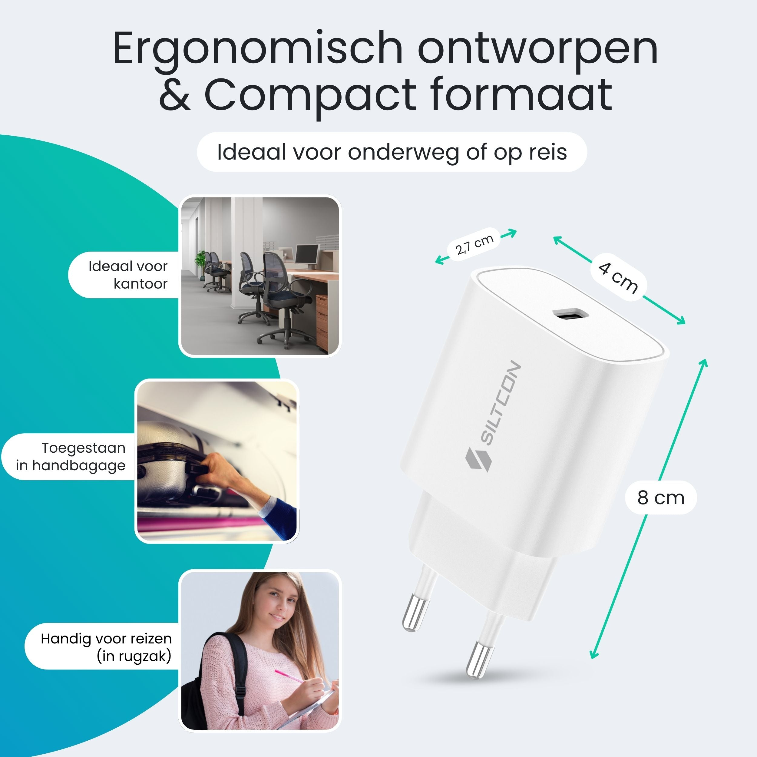 Een witte laadadapter met afmetingen van 2,7 cm, 4 cm en 8 cm.