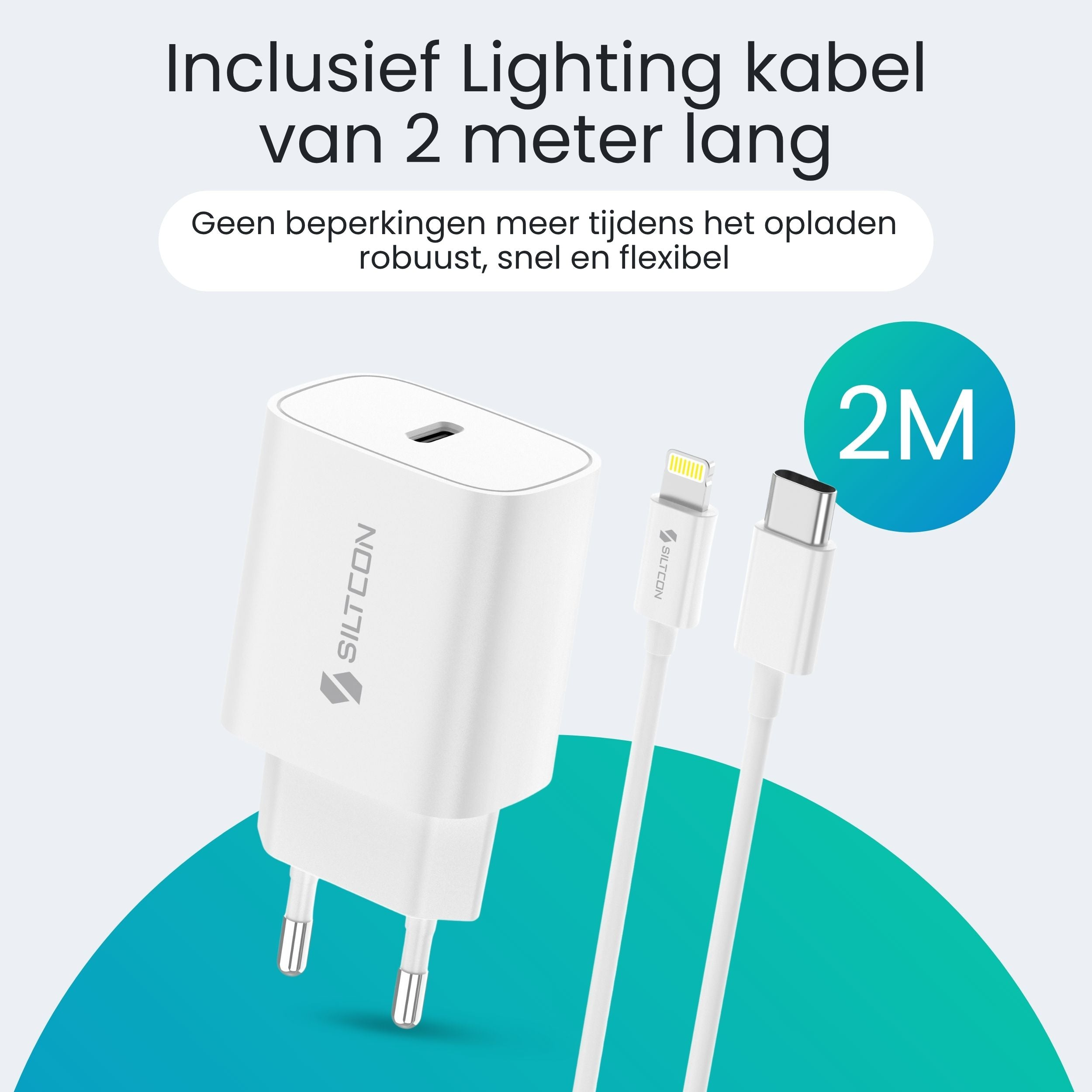 Witte oplader met twee witte kabels, een Lightning, 2M-symbool.