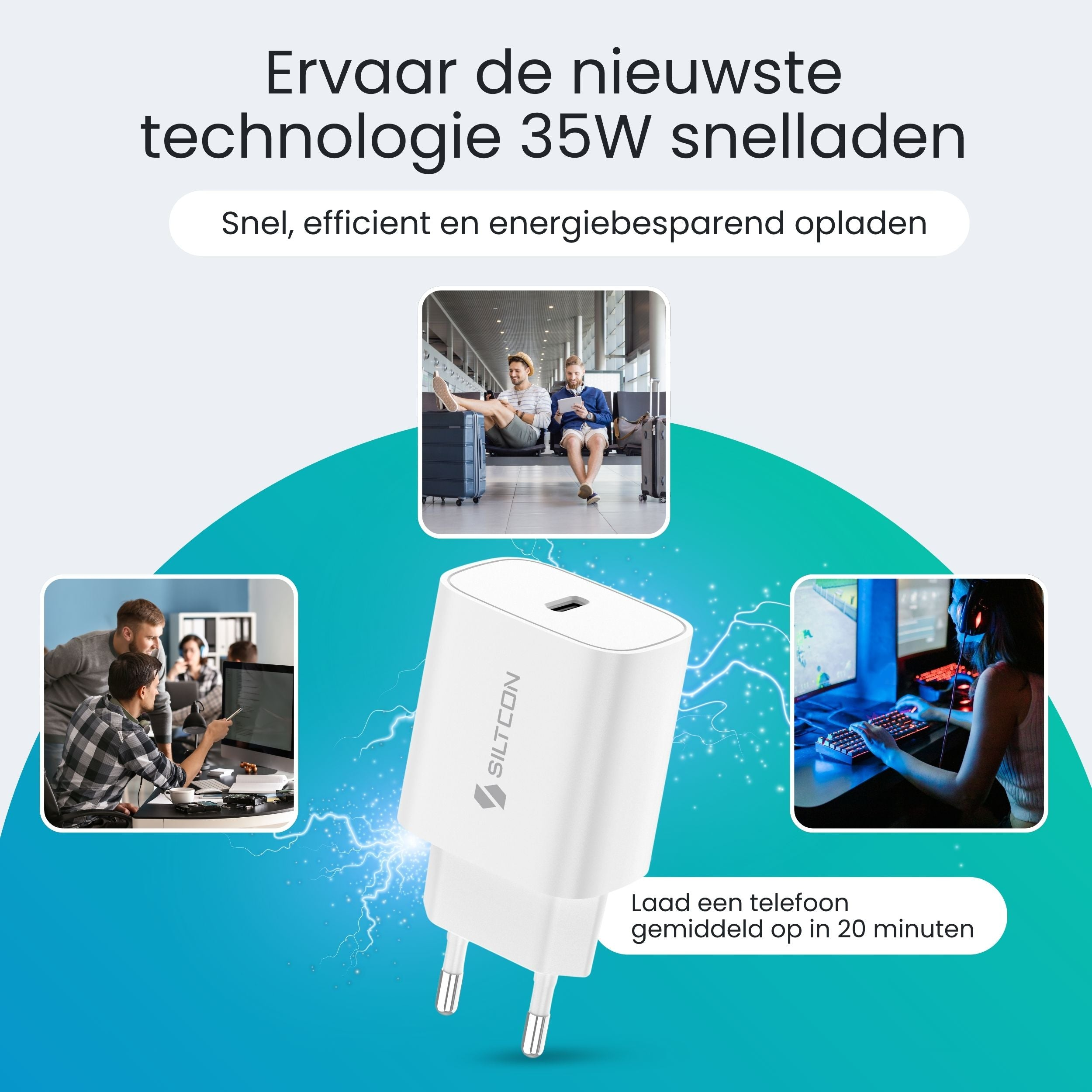 Een witte SILTCON oplader laadt een telefoon op in 20 minuten.