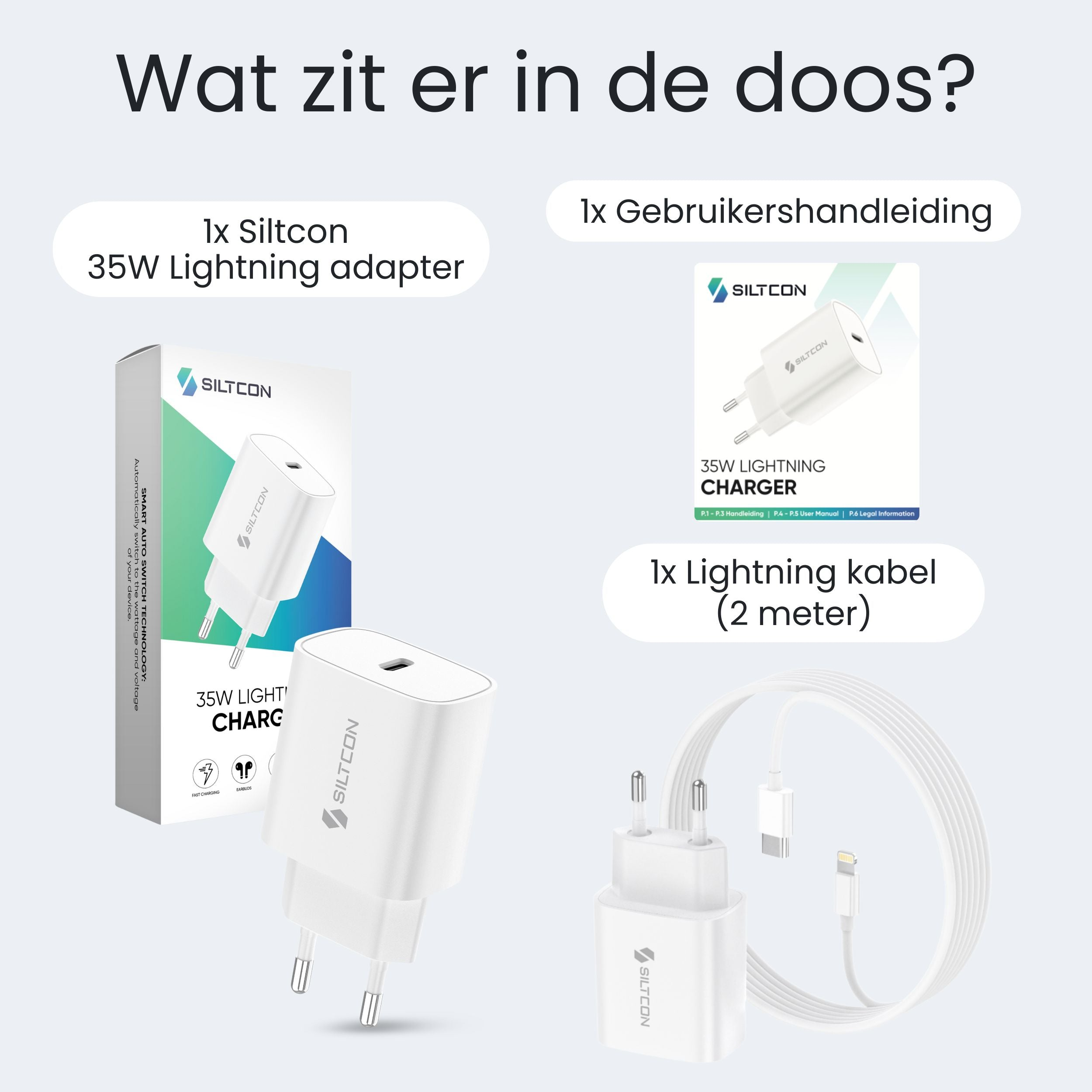 Inhoud van de doos: 35W adapter, handleiding en 2m Lightning kabel.