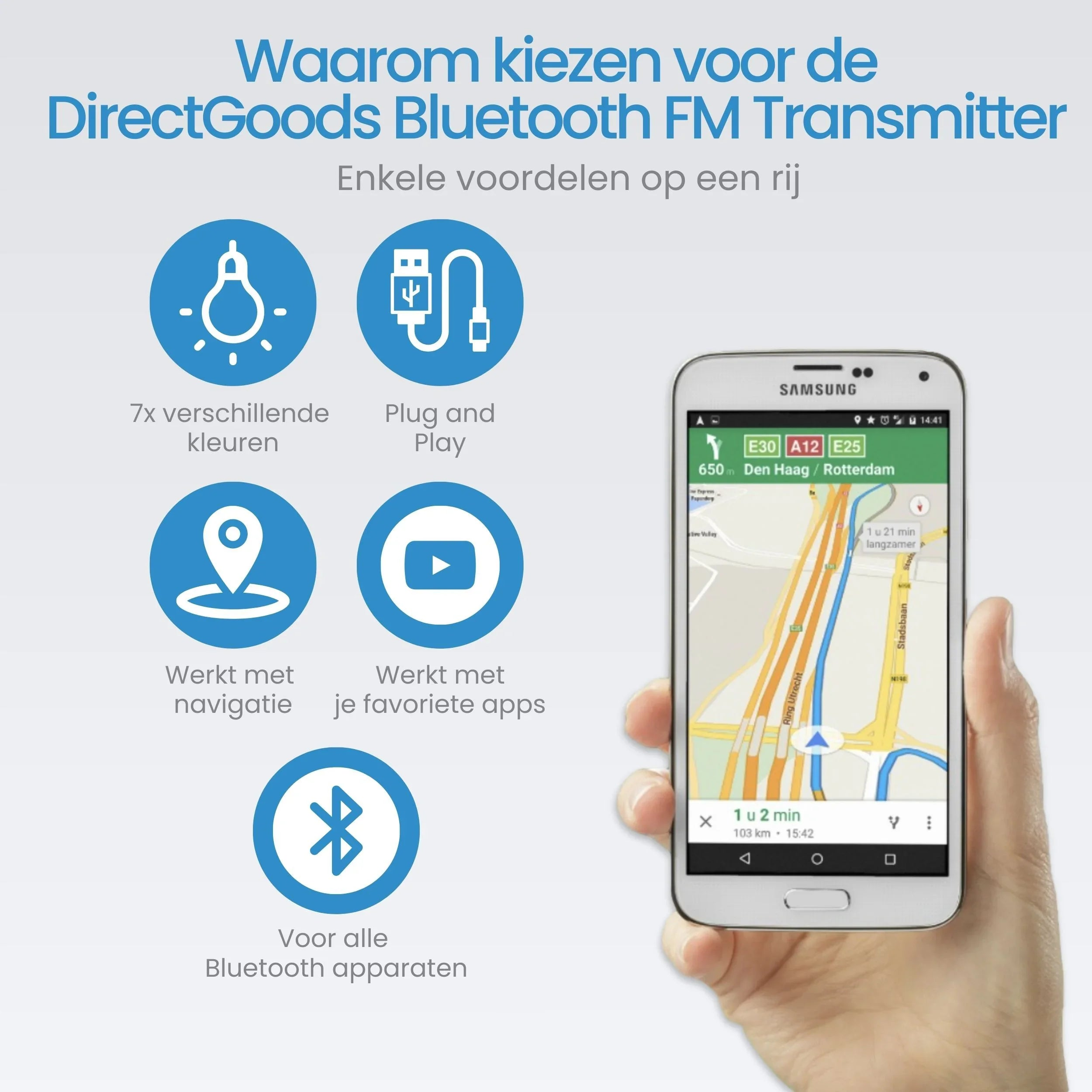 A phone shows a navigation app. Icons show lightbulb, USB, location, play button, Bluetooth.