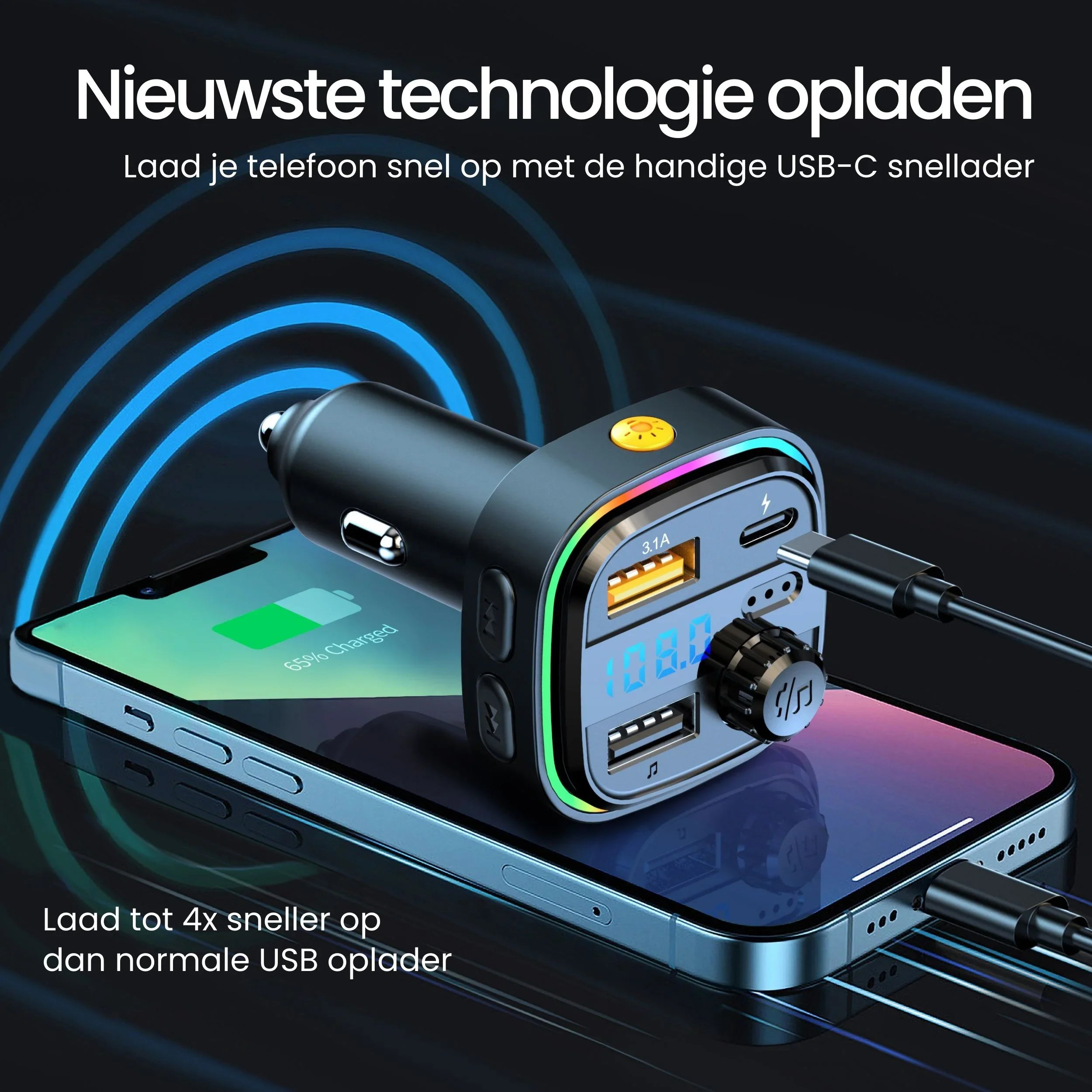 A USB-C car charger is plugged into an iPhone, which is at 65% charged.