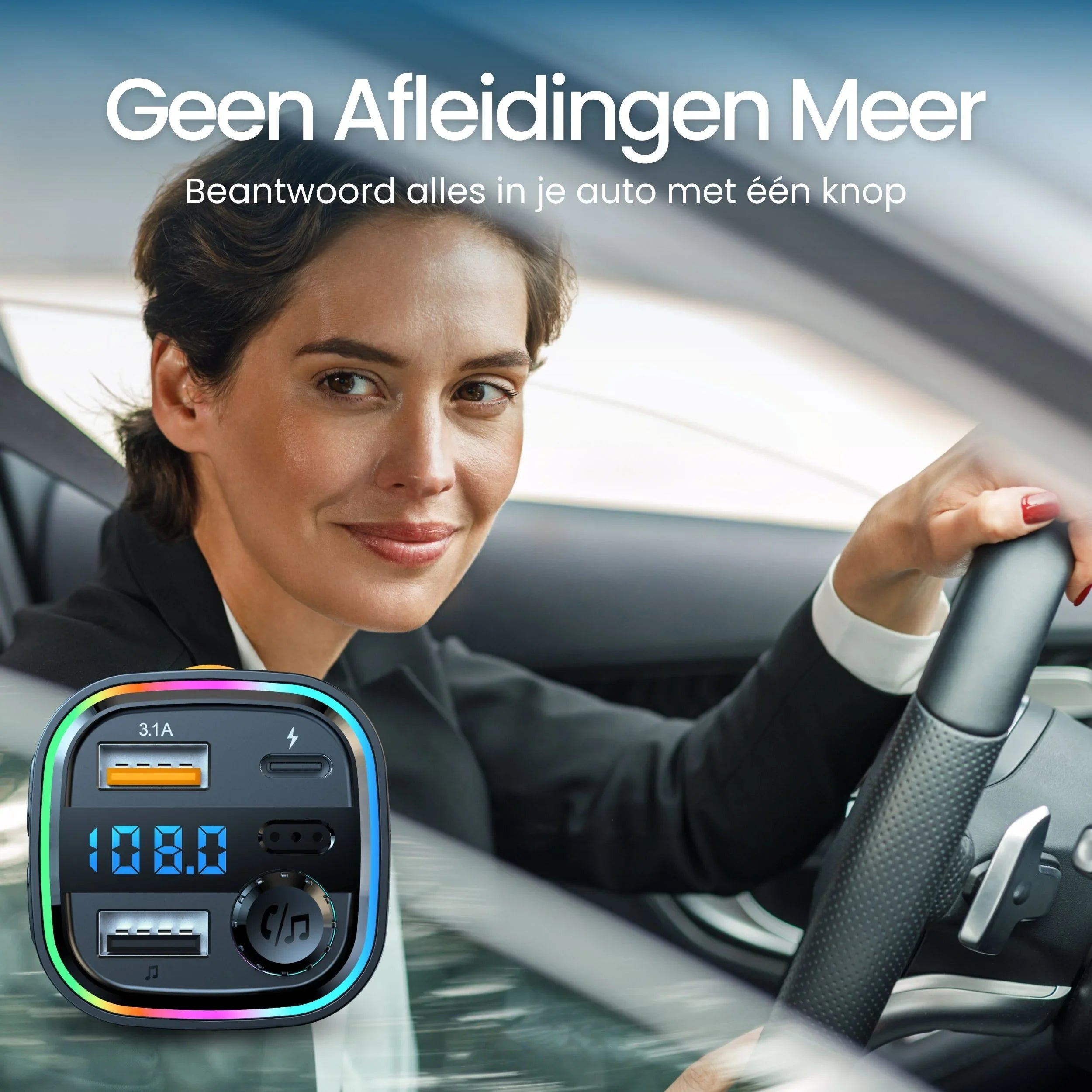 Woman driving car with car accessory showing charging ports and frequency.