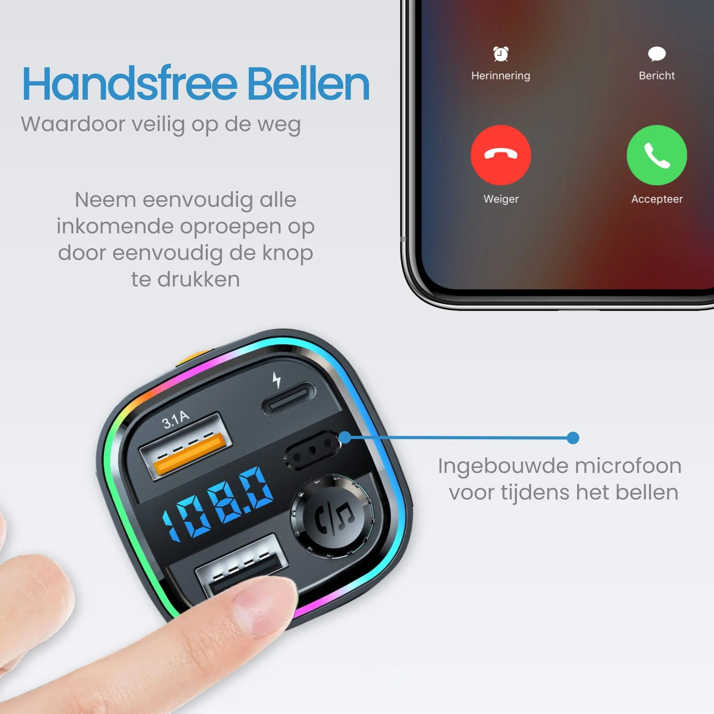 Handsfree calling: Accept calls with a button press. With USB charger and microphone.