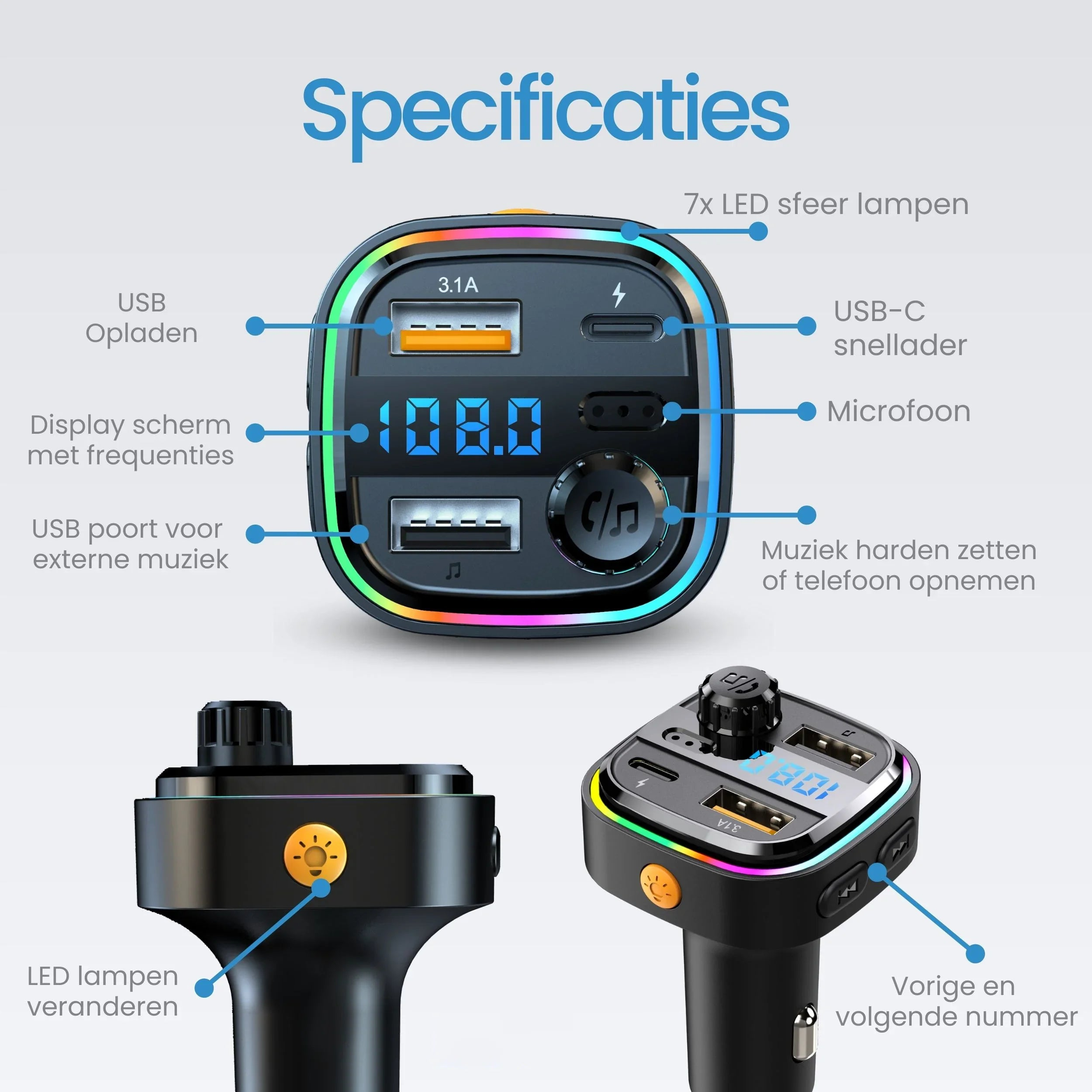 Specifications: A black car charger adapter with two USB ports, USB-C, and a display.