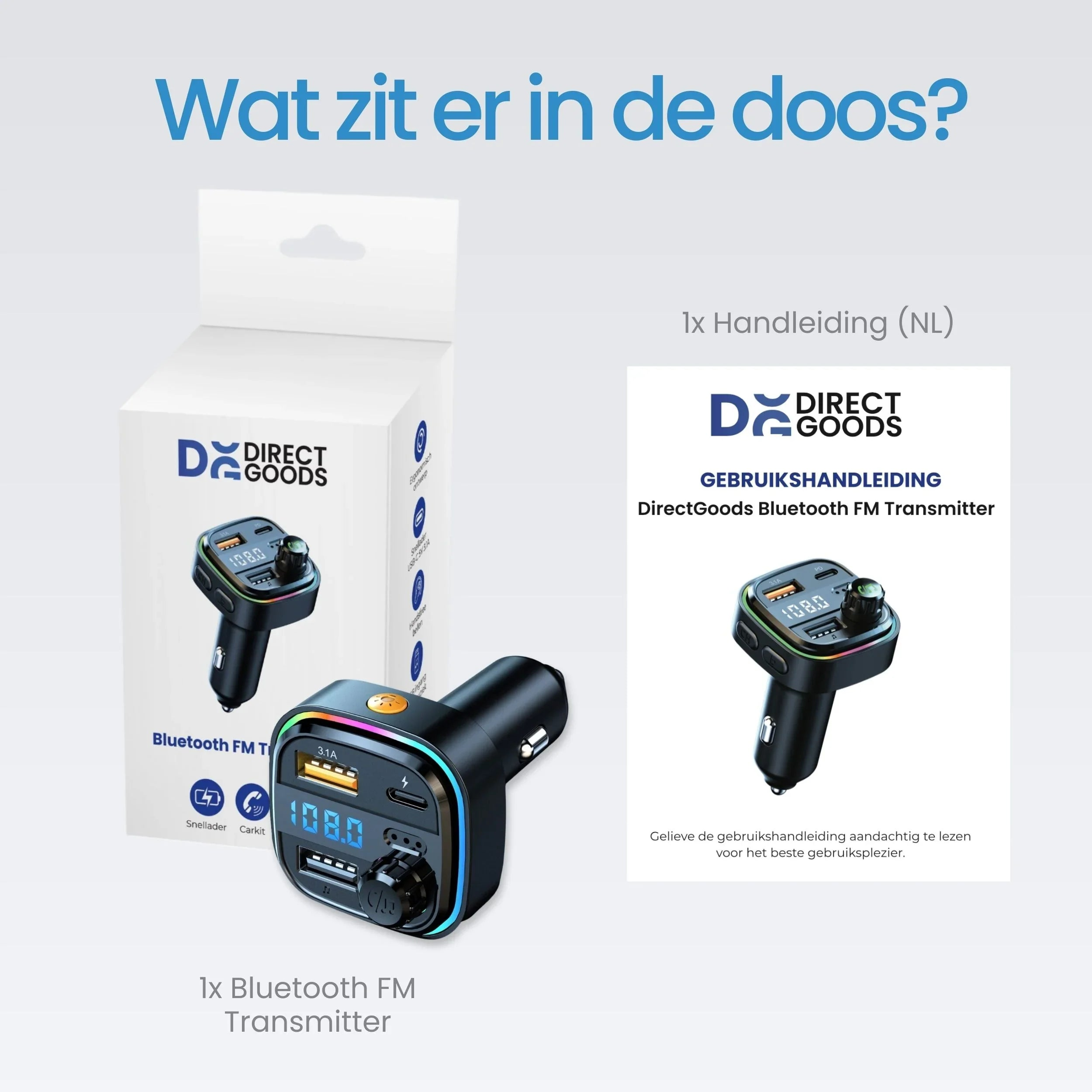 A black Bluetooth FM transmitter with LCD screen and multiple ports.
