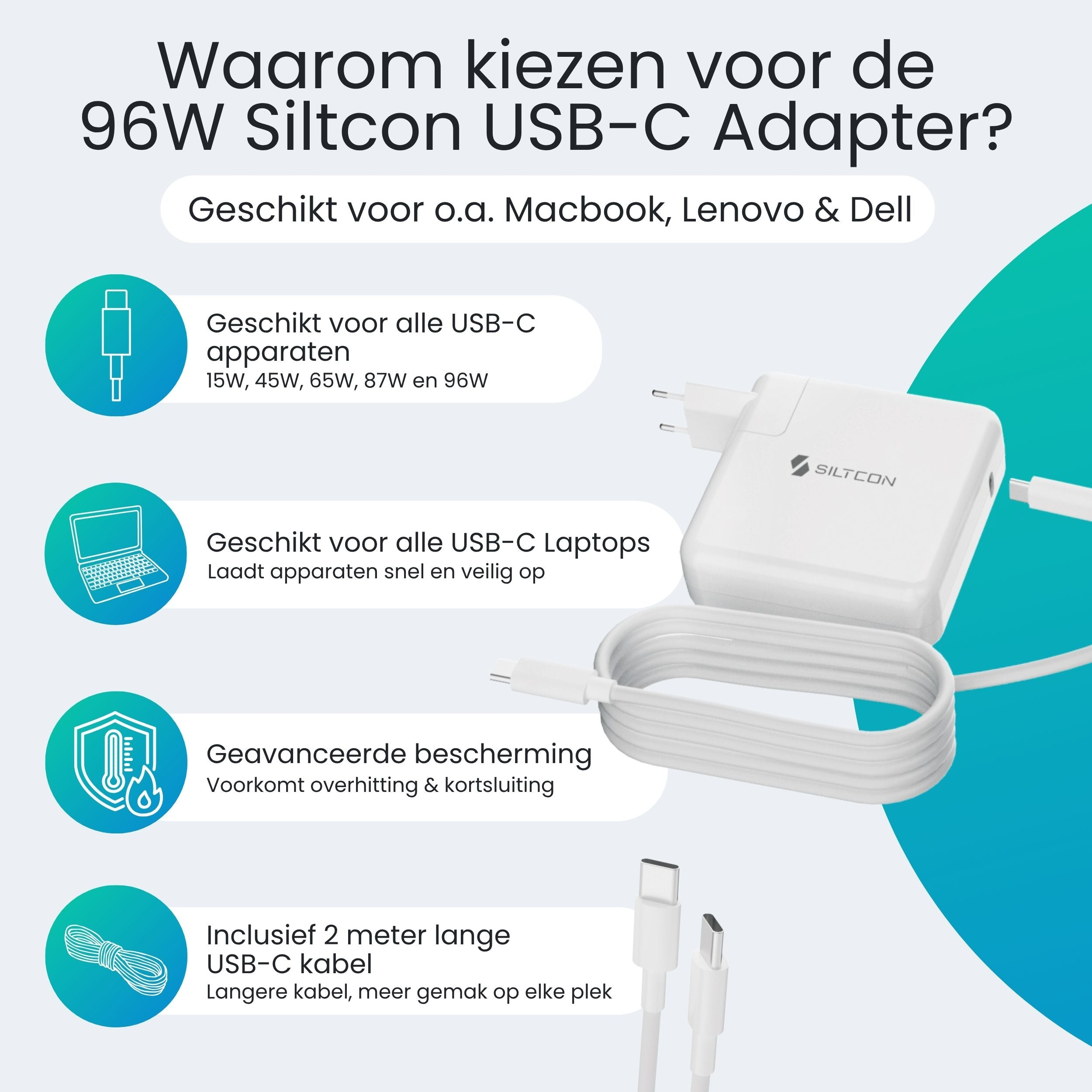 Witte Siltcon 96W USB-C stroomadapter met kabel voor laptops.