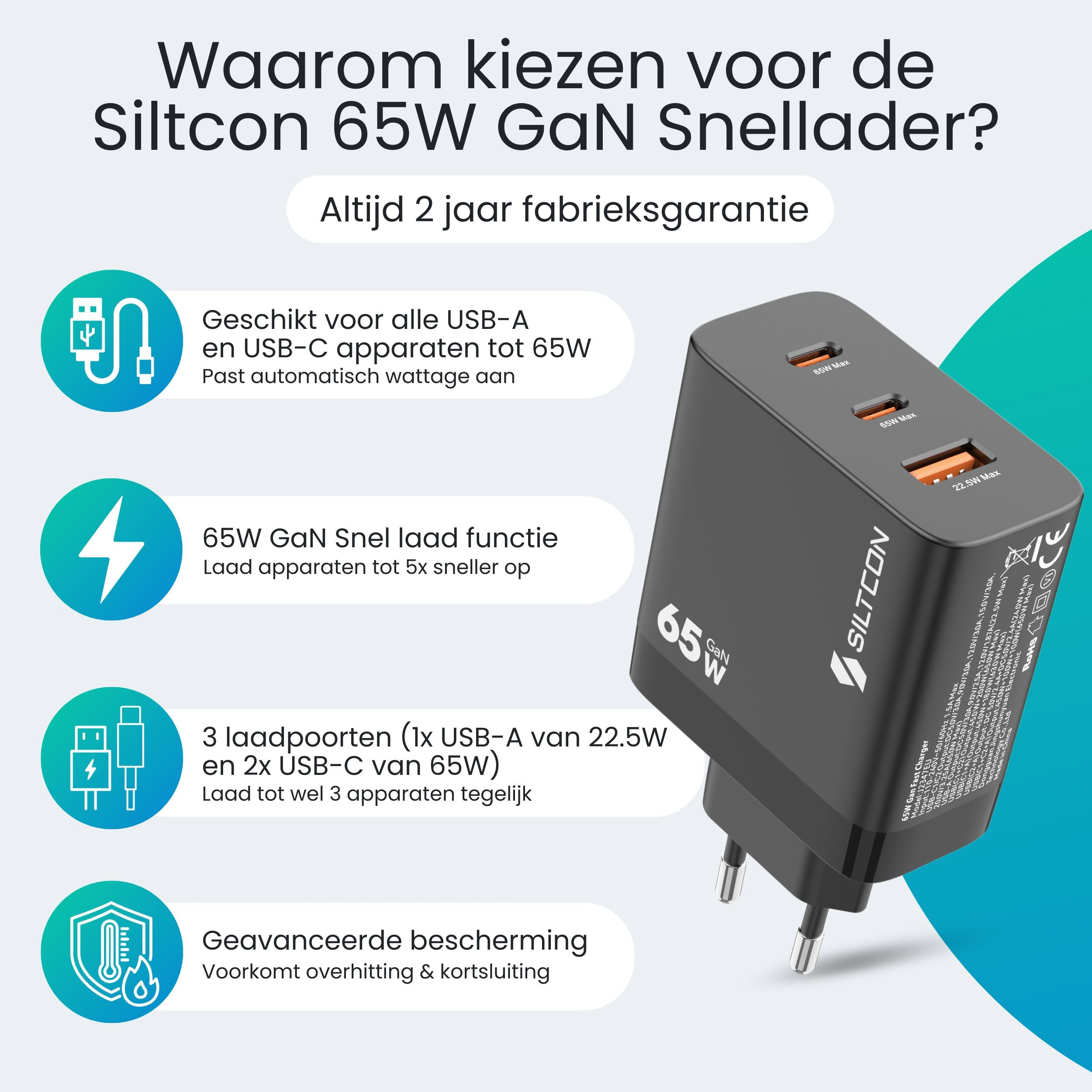 Zwarte 65W GaN Siltcon lader met 3 poorten en garantie.