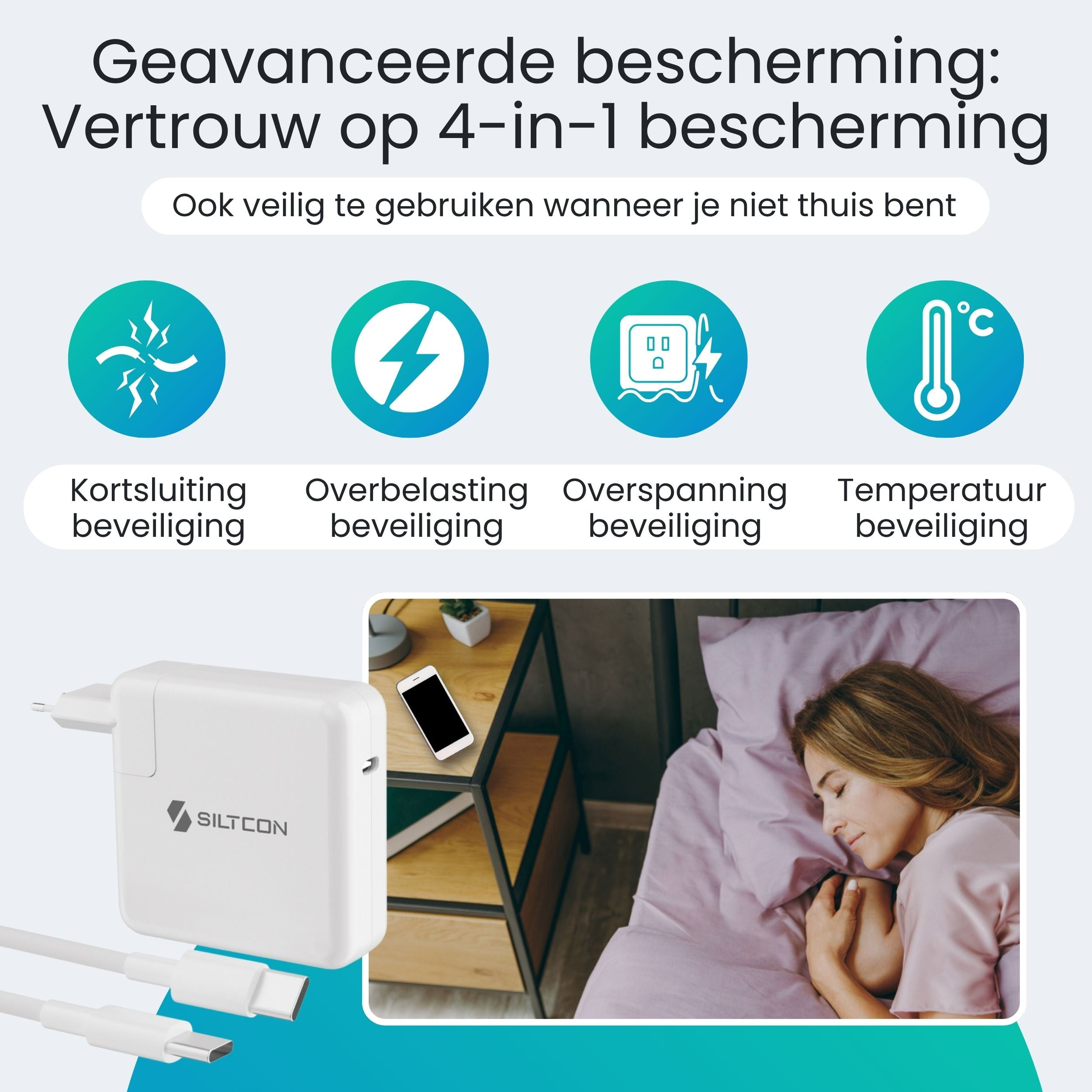 Een witte oplader met kabels, iconen en een slapende vrouw.
