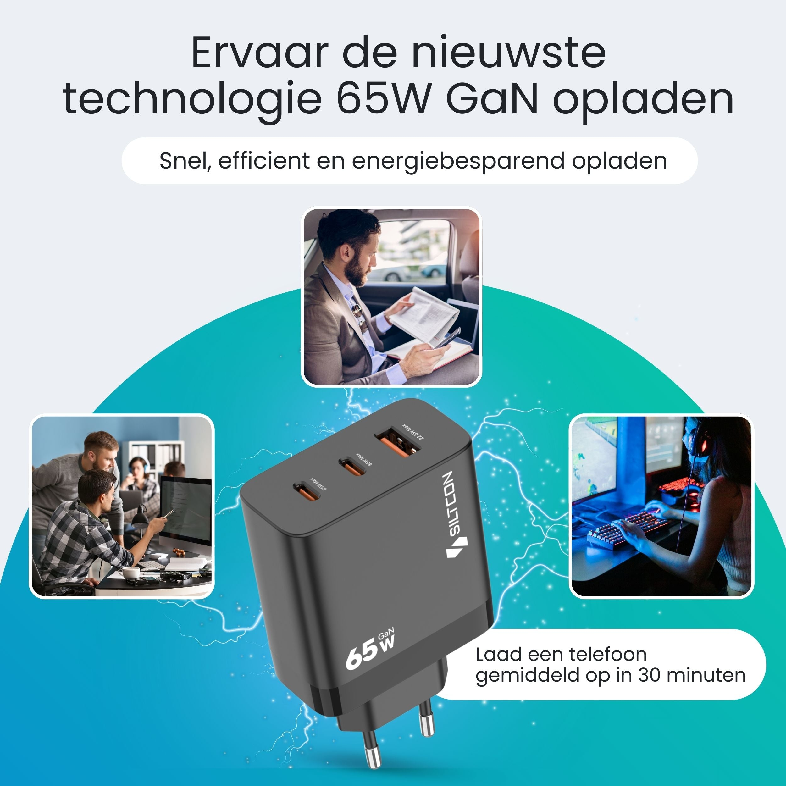 Een 65W GaN-oplader met drie poorten en drie toepassingsscenario's.