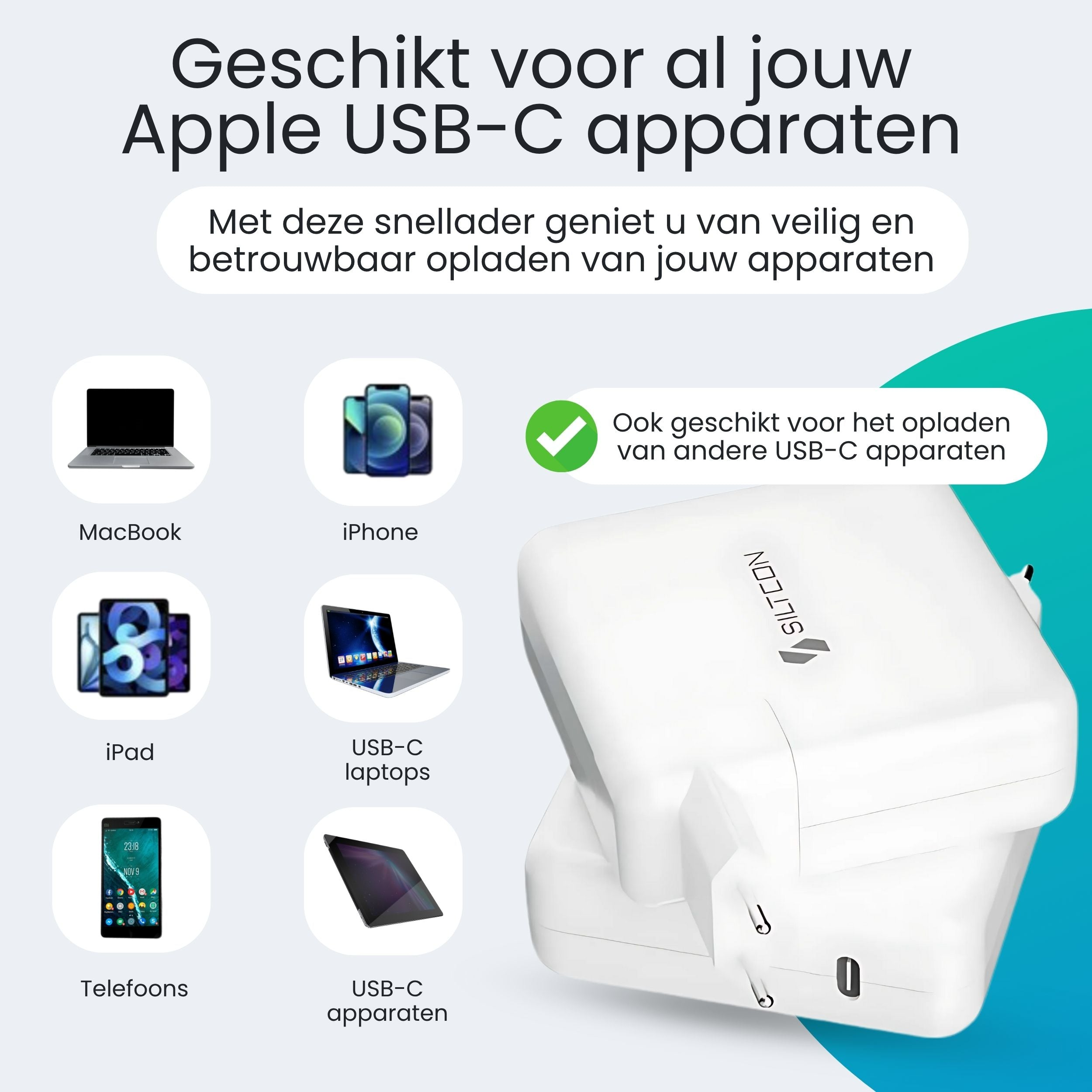 Een witte USB-C lader getoond met iconen van MacBook, iPhone, iPad, laptops en telefoons.