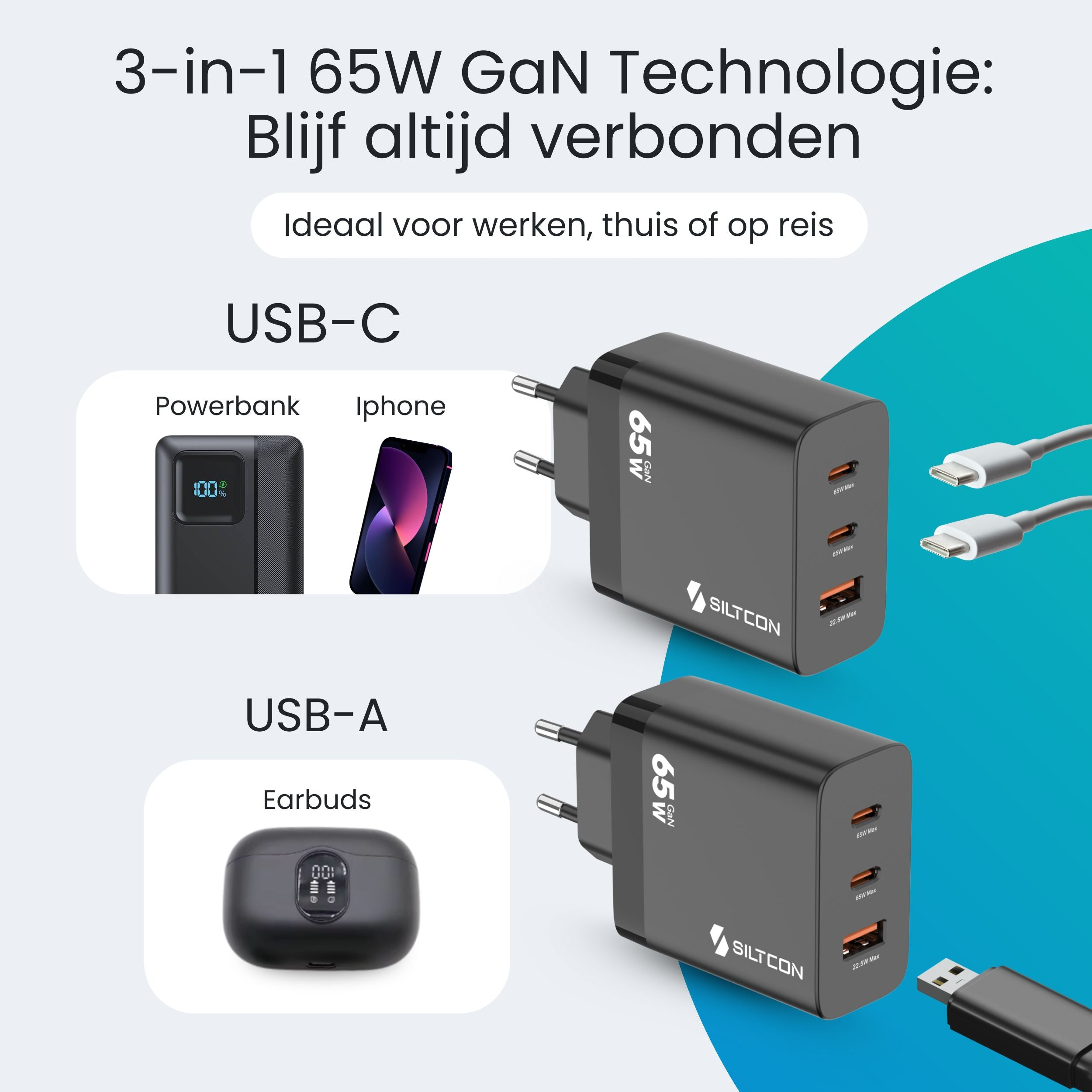 3-in-1 GaN-laders met USB-C powerbank, iPhone en oordopjes.