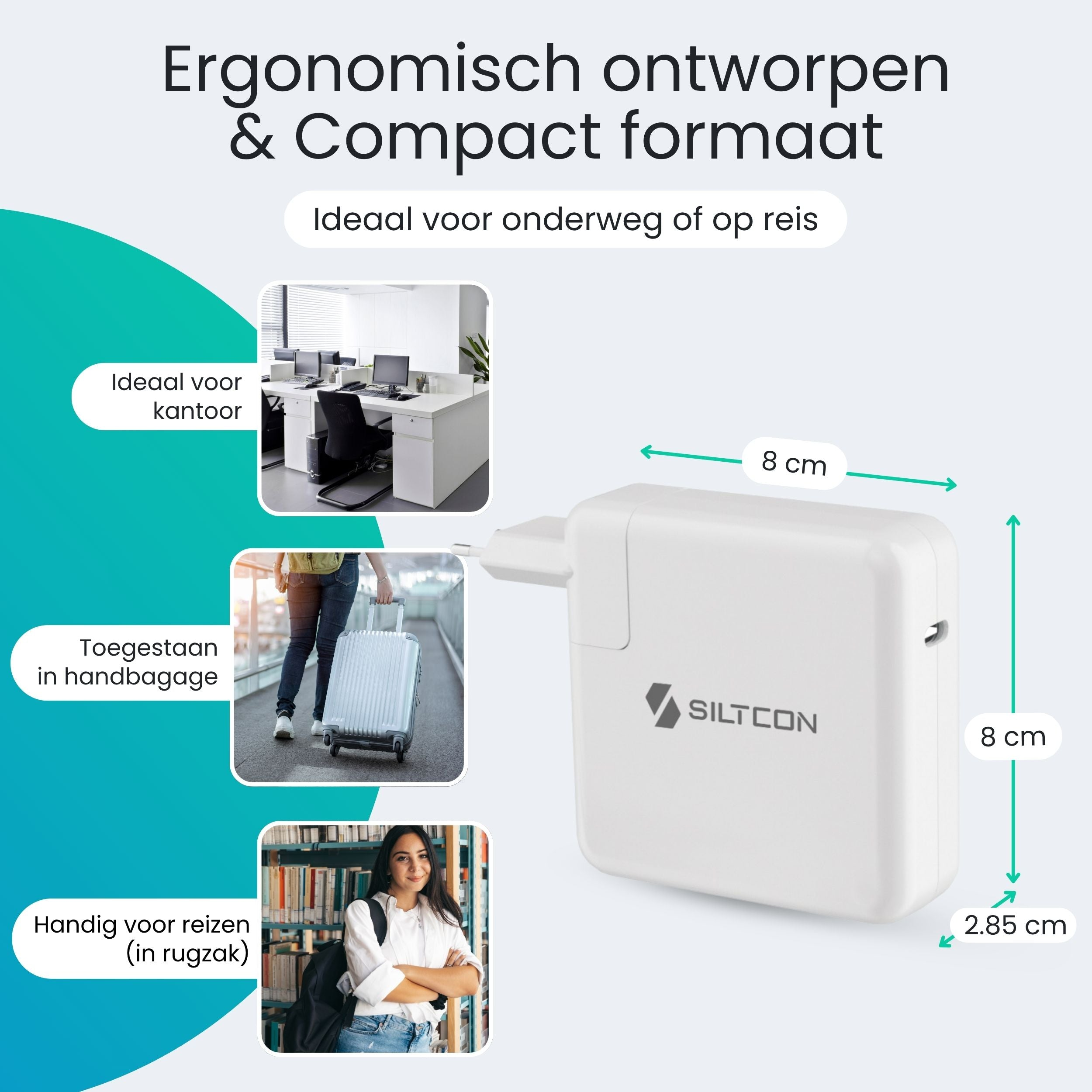 Een witte oplader, 8x8x2,85 cm, met afbeeldingen van kantoor, handbagage en rugzak.