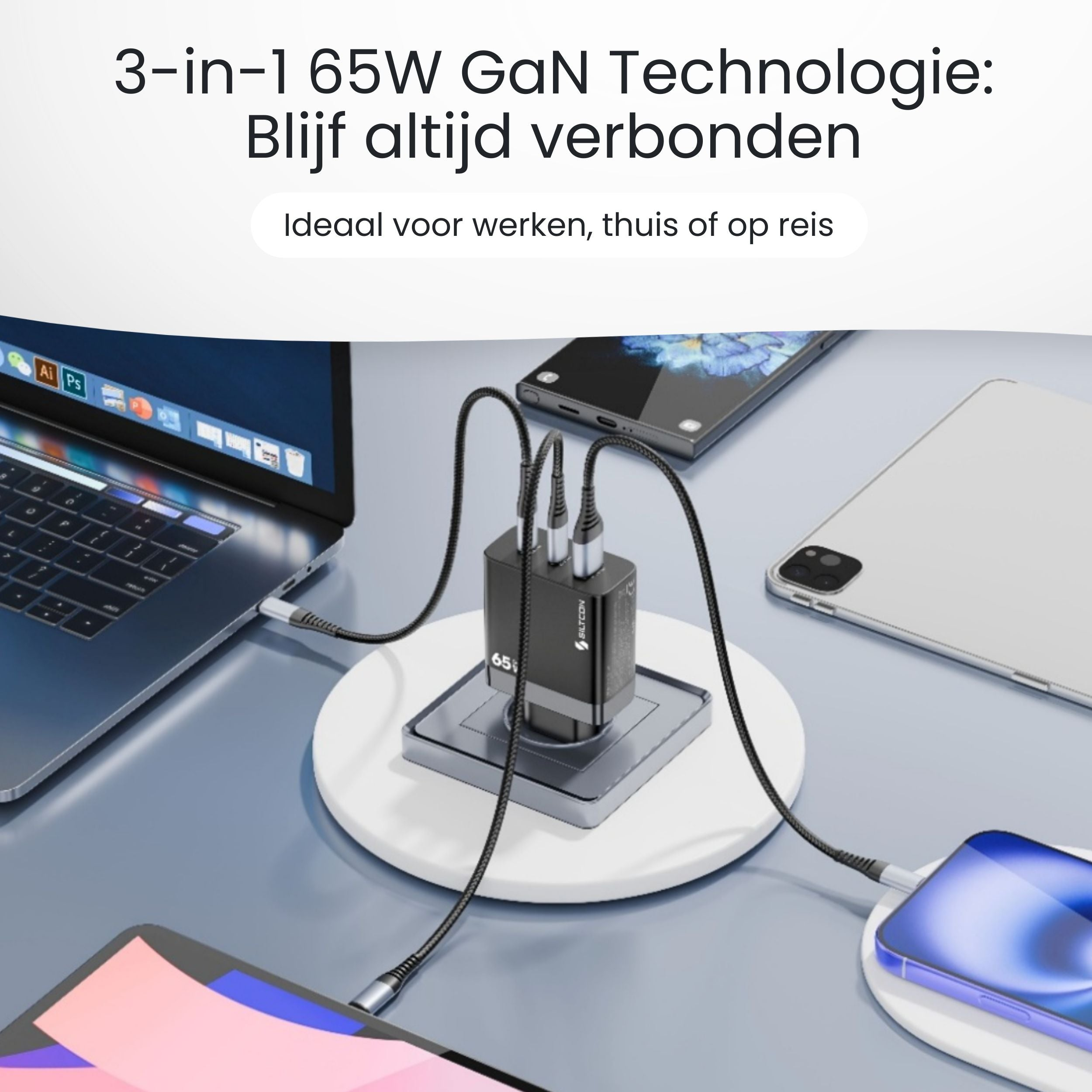 Een 65W GaN-oplader laadt laptop, tablet en smartphone op.