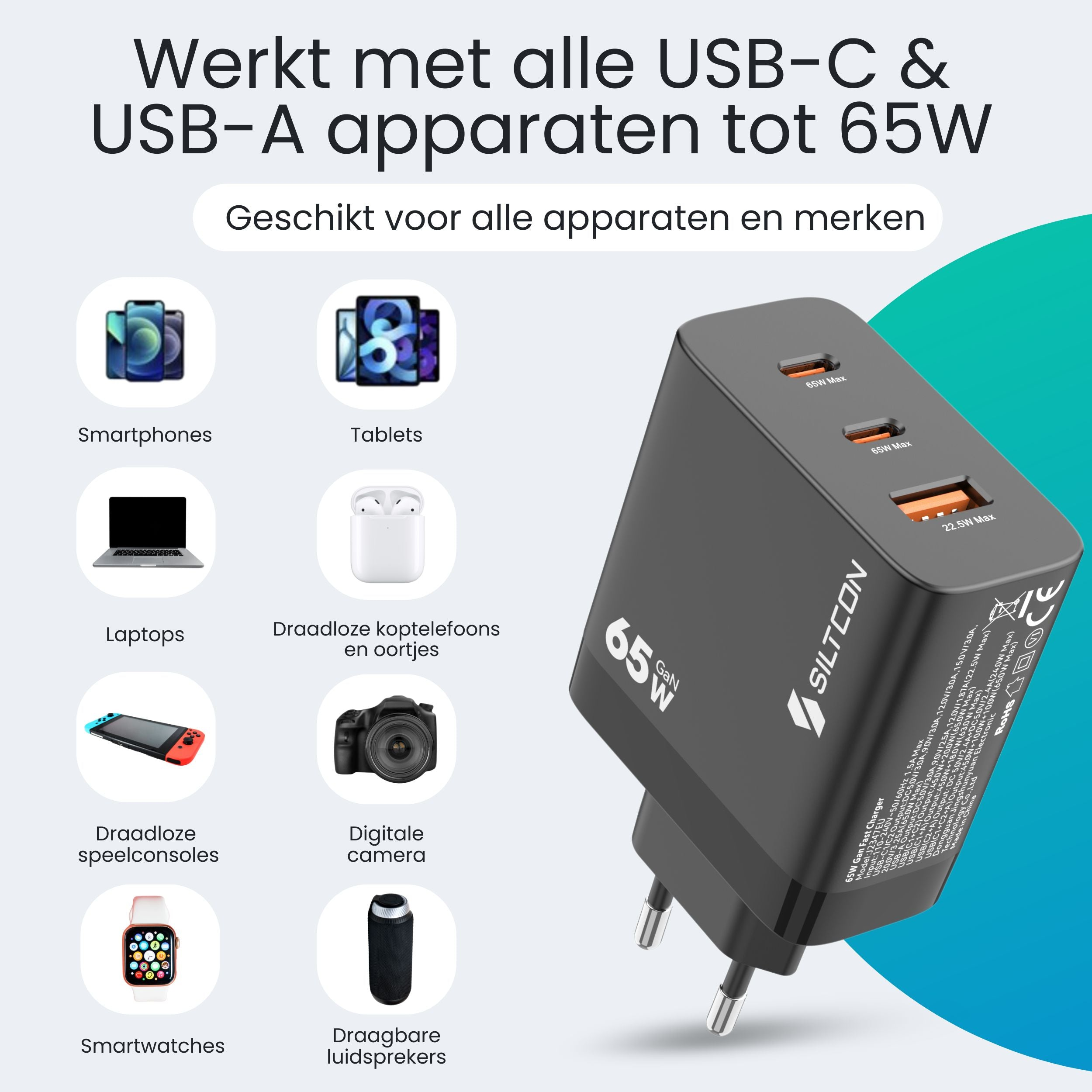 Een zwarte 65W GaN snellader met meerdere USB-poorten en apparaat-iconen.