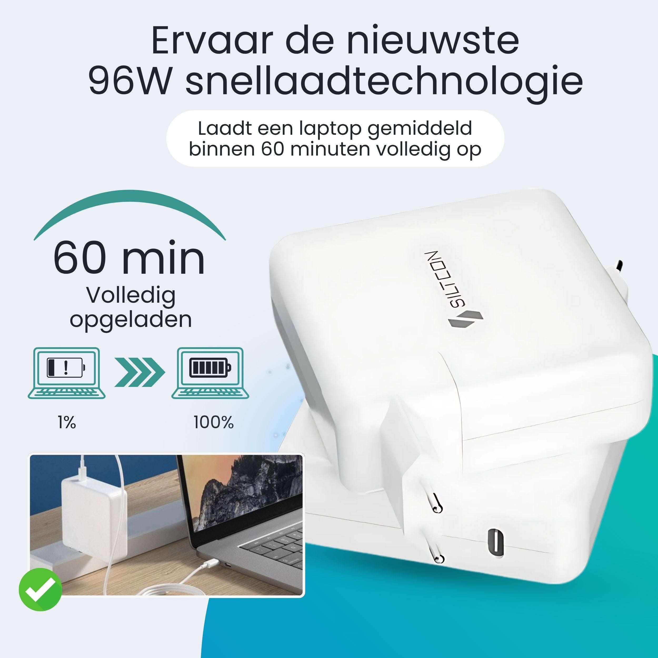 Een witte 96W oplader laadt snel een laptop op.