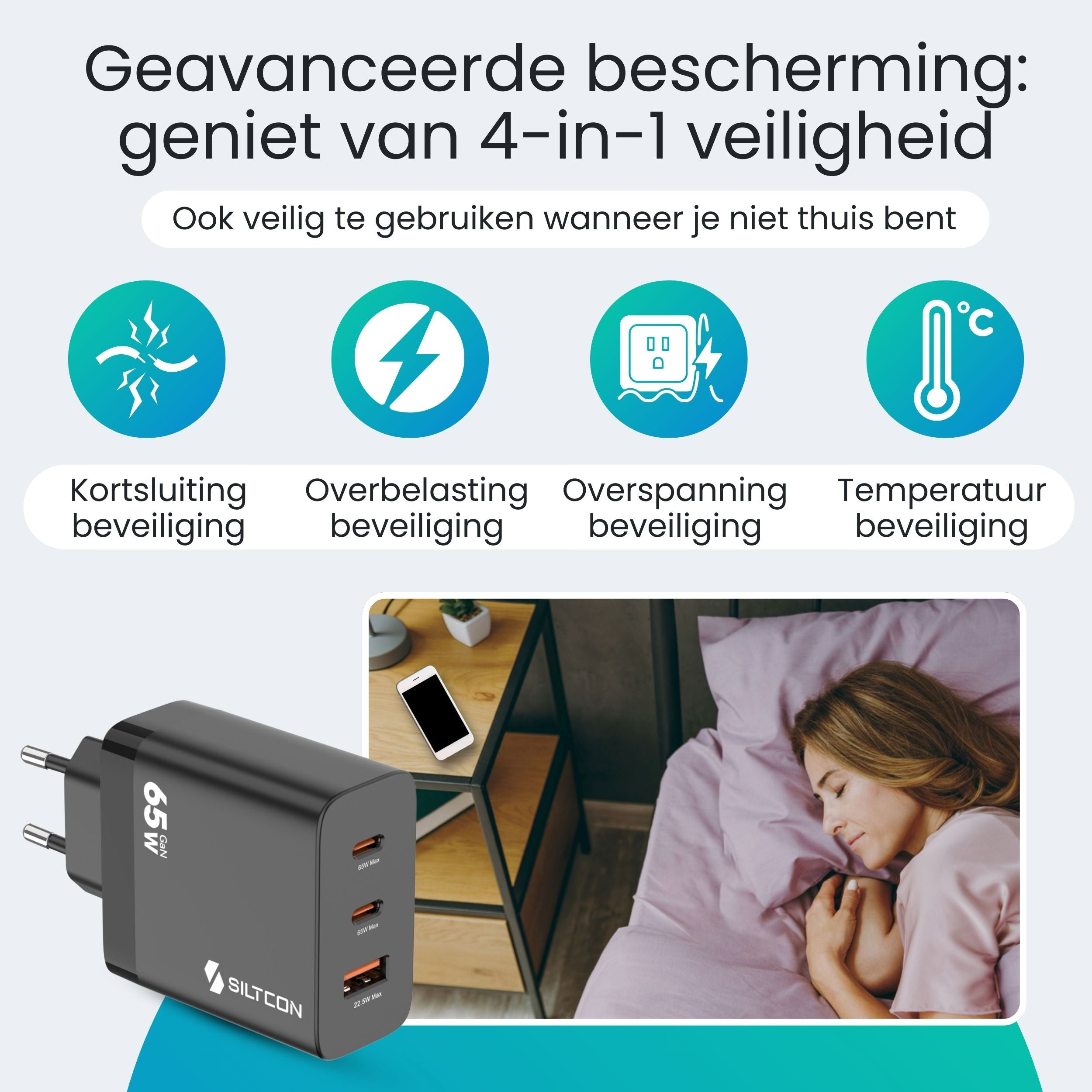 Een zwarte 65W GaN oplader naast een nachtkastje en een slapende vrouw.