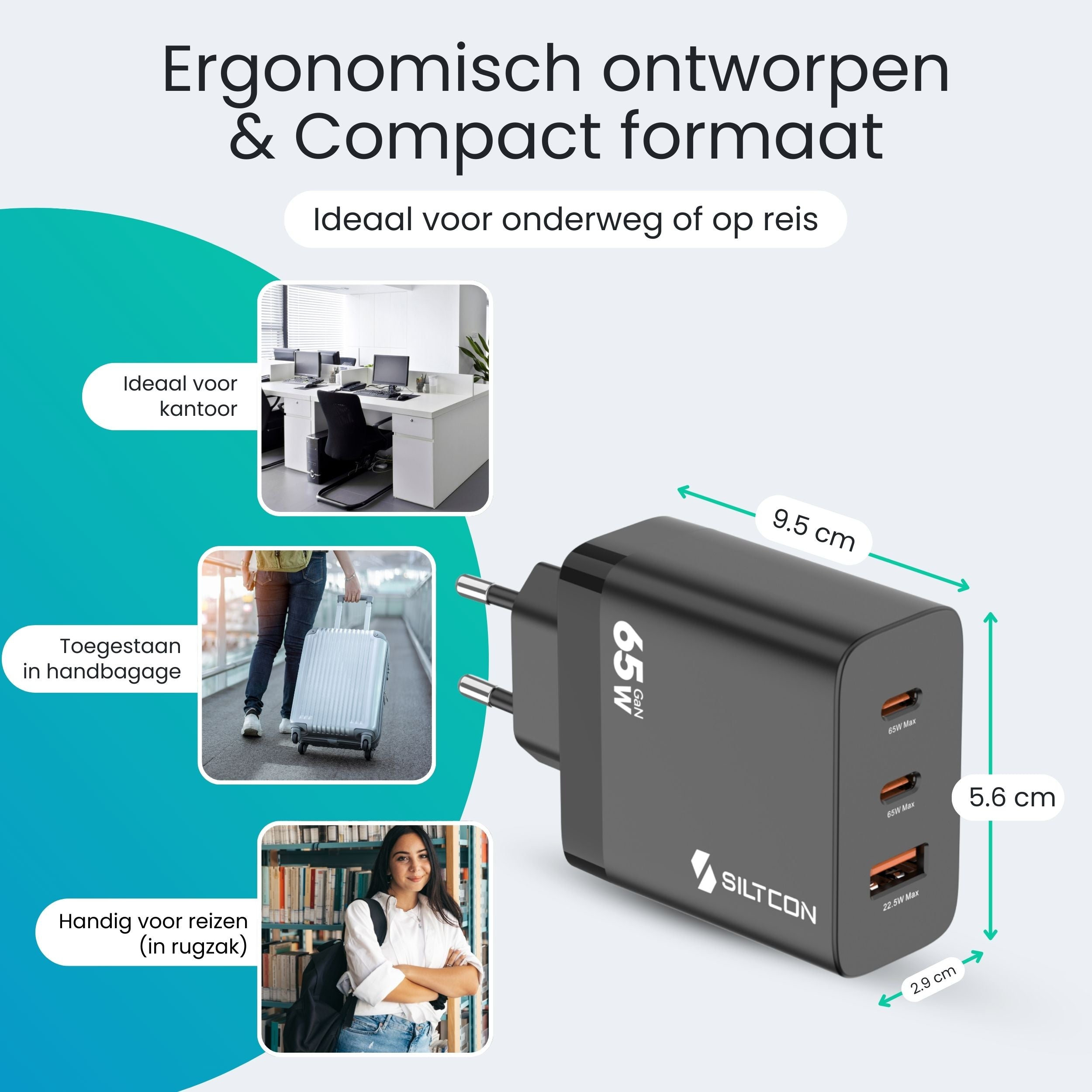 Een zwarte 65W GaN lader, afmetingen 9.5x5.6x2.9 cm, met drie USB-C poorten.