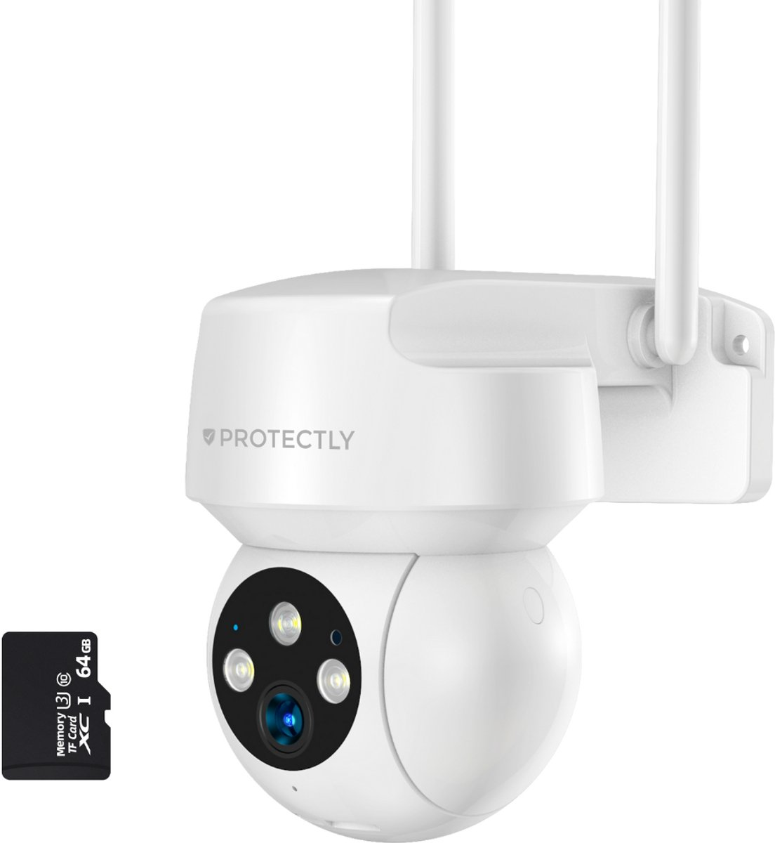 Witte beveiligingscamera met 64GB geheugenkaart en Protectly logo.
