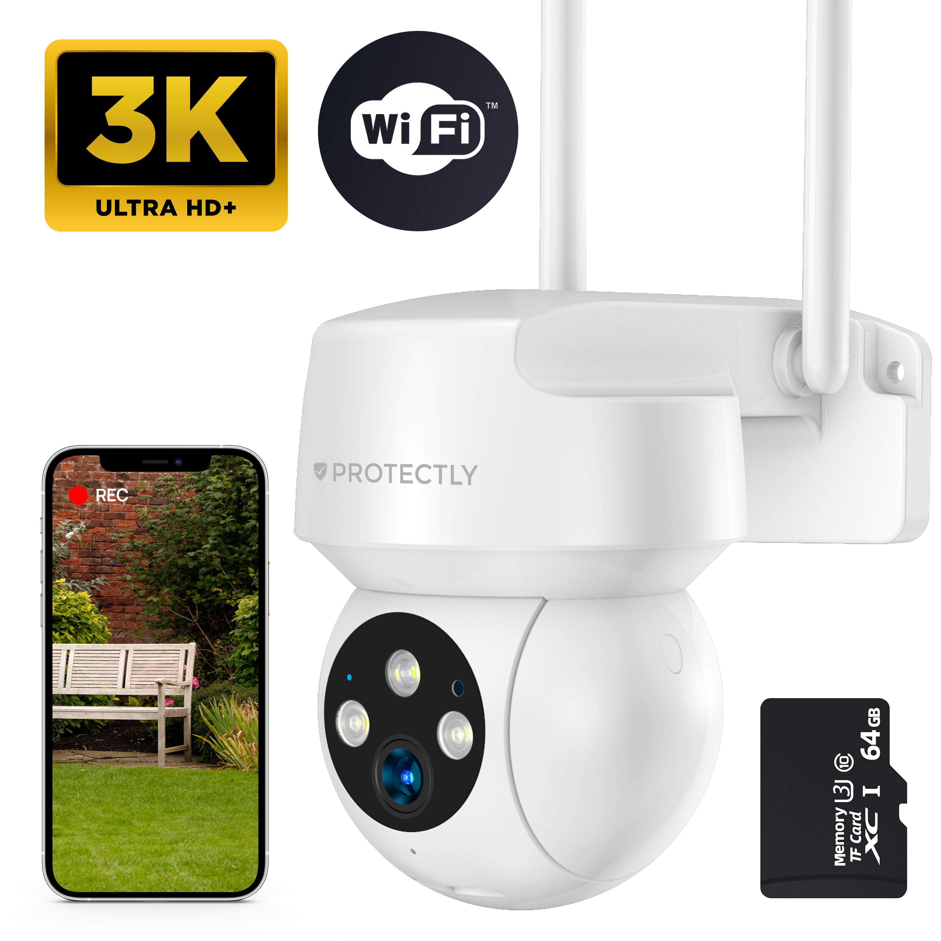 Witte beveiligingscamera met 3K, WiFi, SD-kaart en iPhone-display.