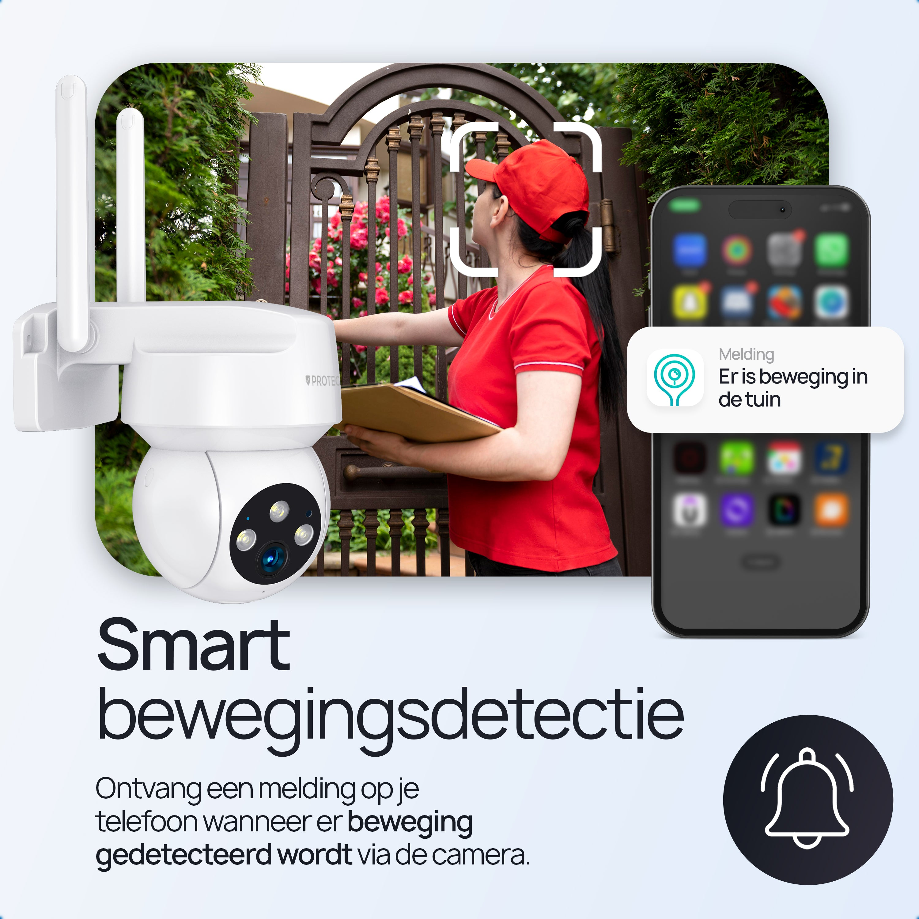 Beveiligingscamera toont bewegingsmelding in tuin, notificatie op telefoon.