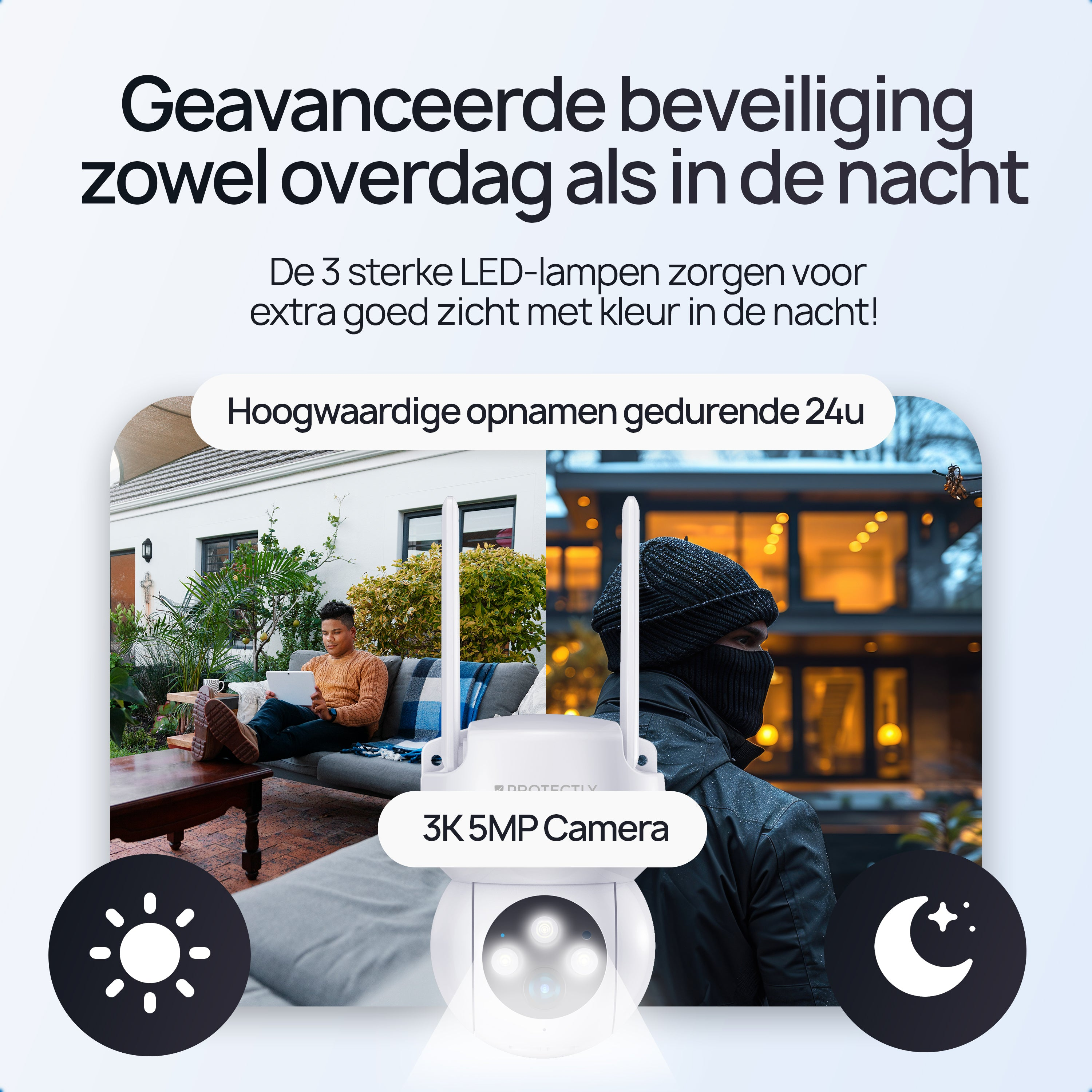 Beveiligingscamera dag/nachtzicht. Man op bank, indringer bij huis.