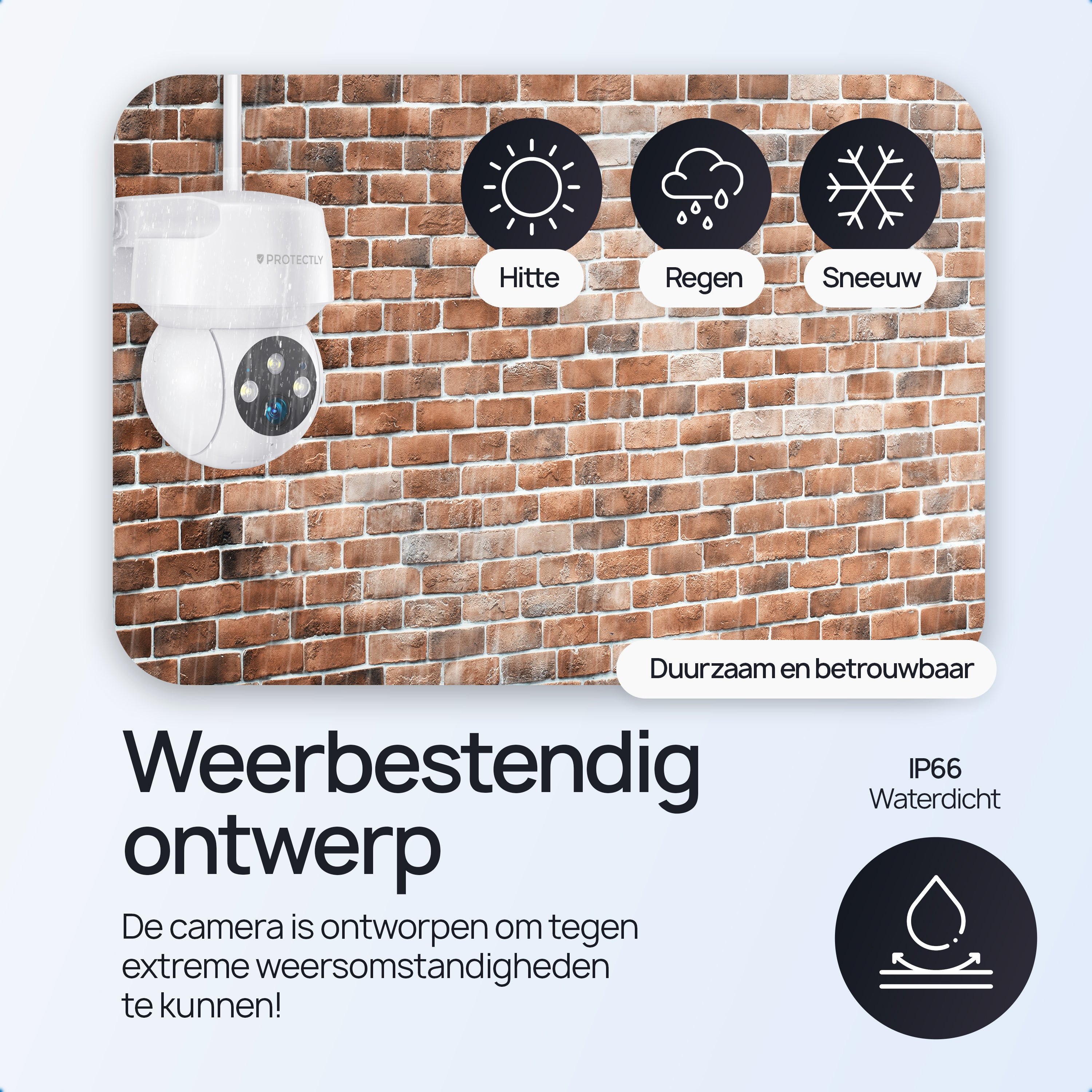 Weerbestendige camera met iconen voor zon, regen en sneeuw.
