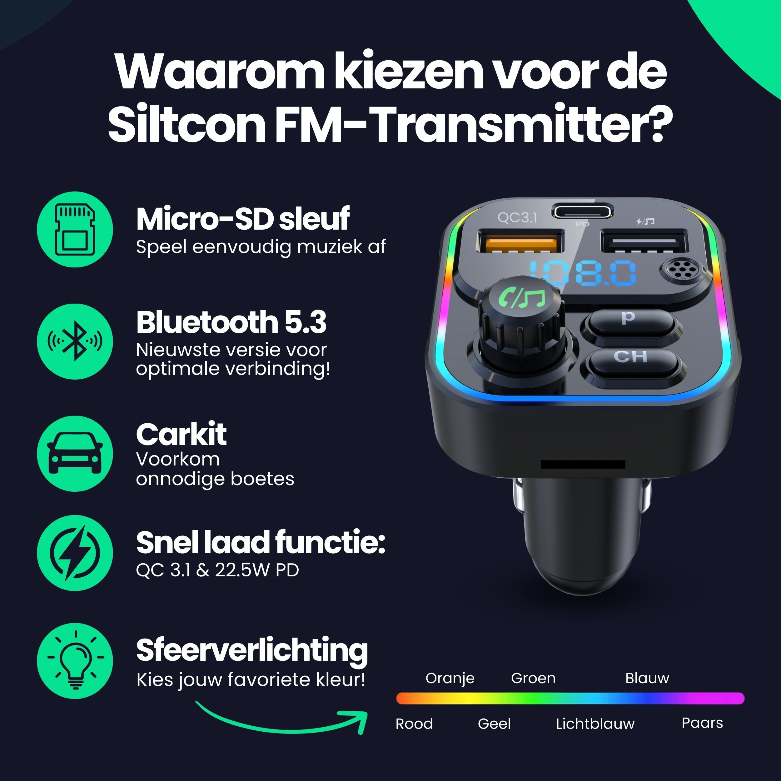 Siltcon FM transmitter with Micro-SD, Bluetooth, hands-free, fast charging, and light.