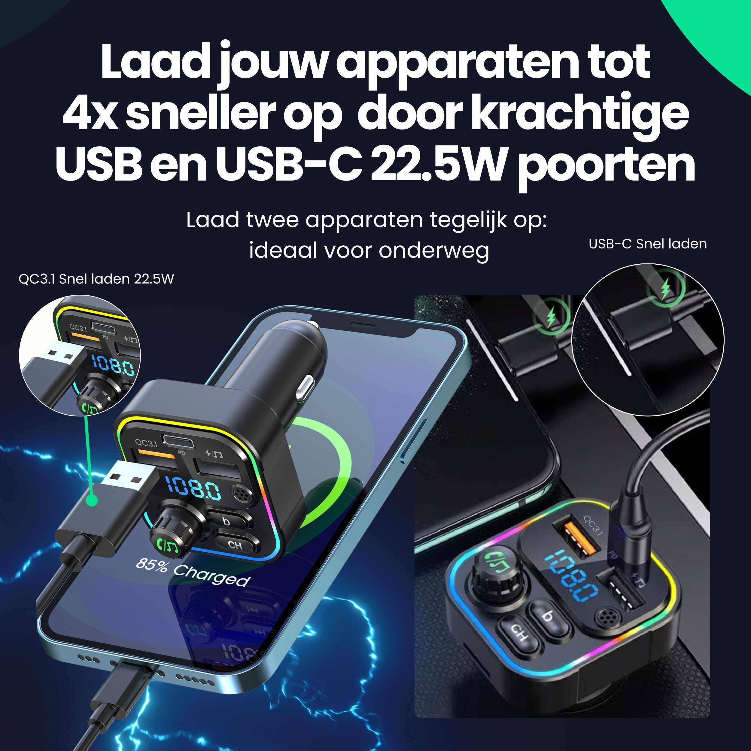 Fast charger with USB-C and USB-A ports, charges two devices simultaneously.