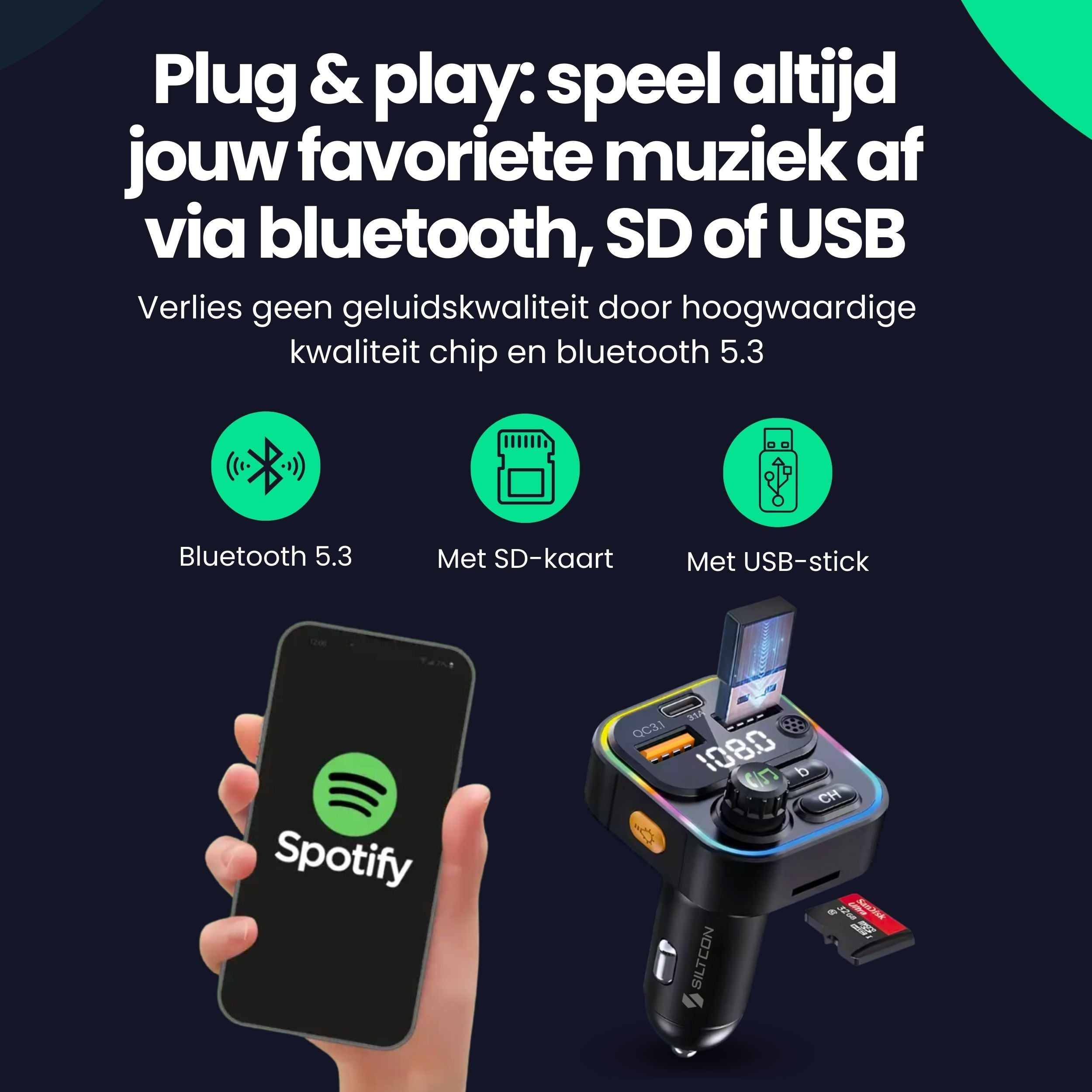 Smartphone with Spotify, car charger with SD card and USB stick