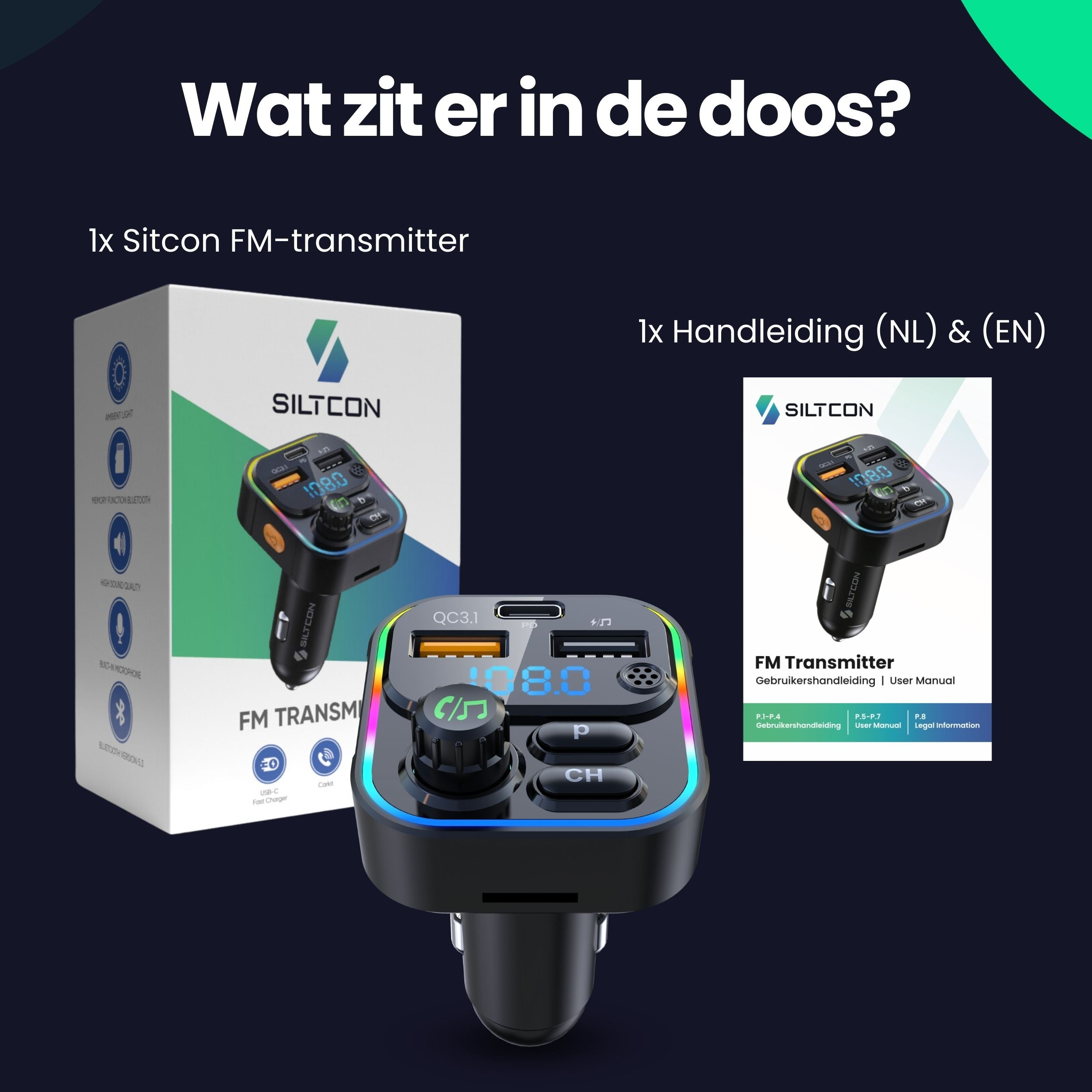 A Sitcon FM transmitter with color LEDs, two USB ports, and a manual.