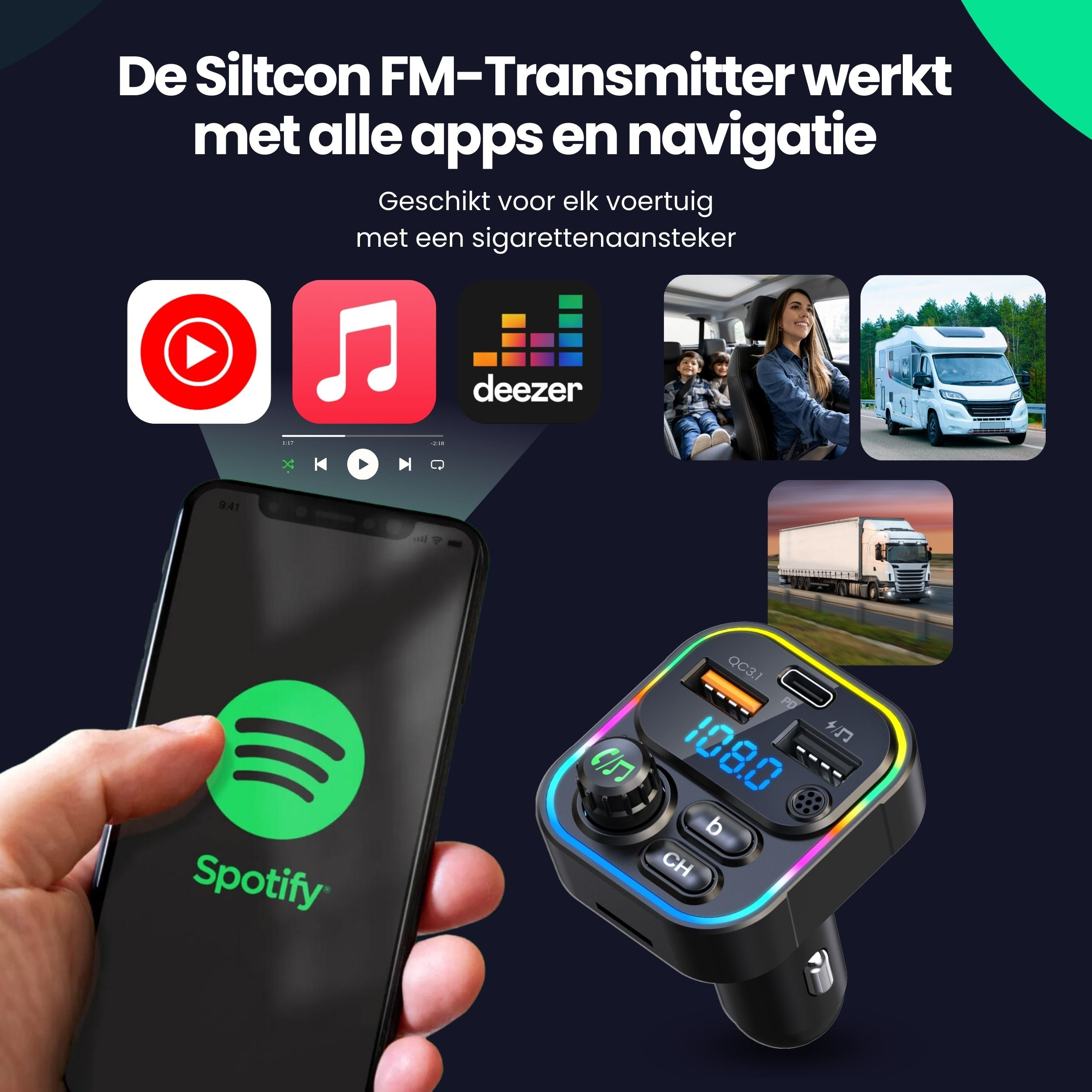 A smartphone with Spotify and an FM transmitter with a lit display.