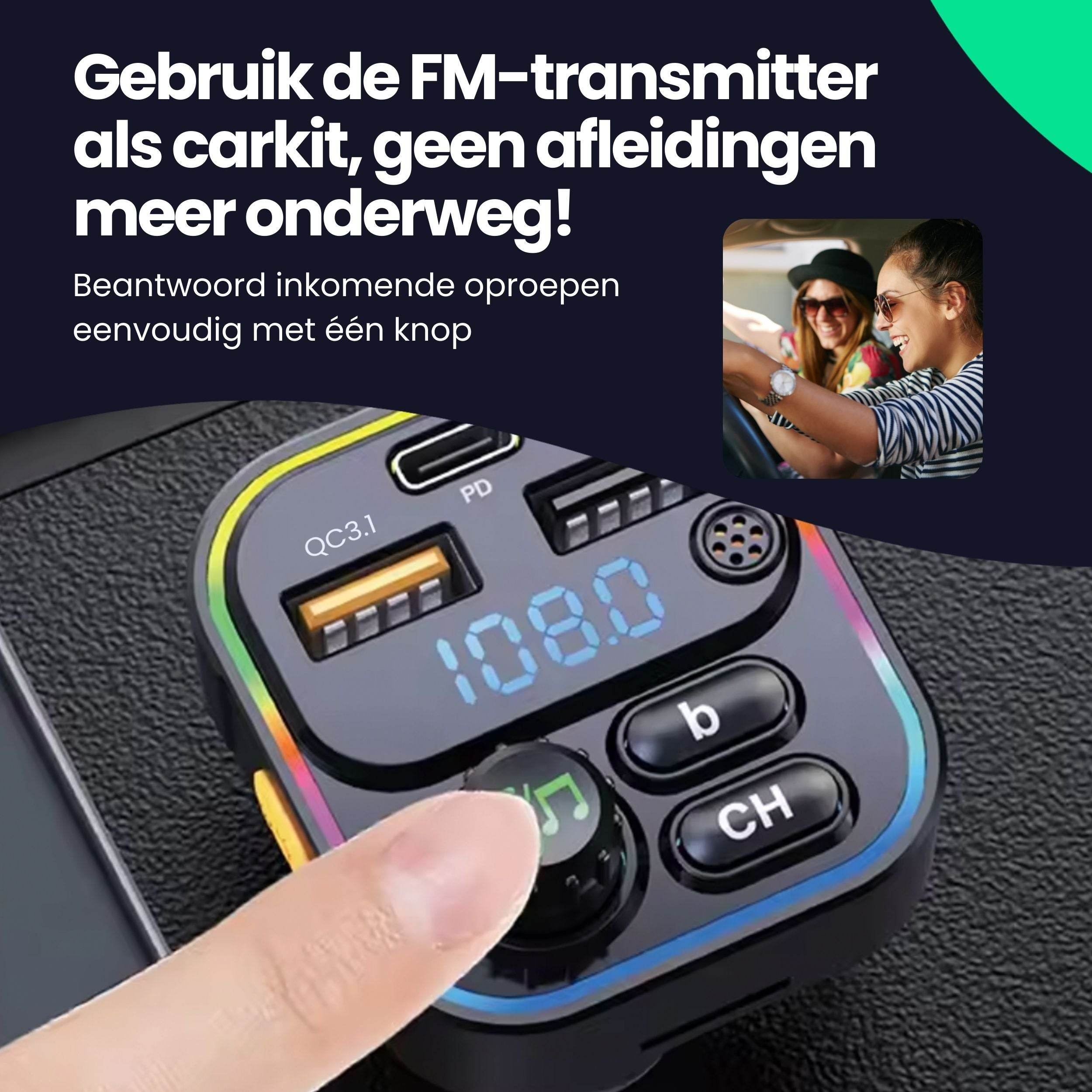 An FM transmitter with QC3.1 and PD ports, and two women in a car.