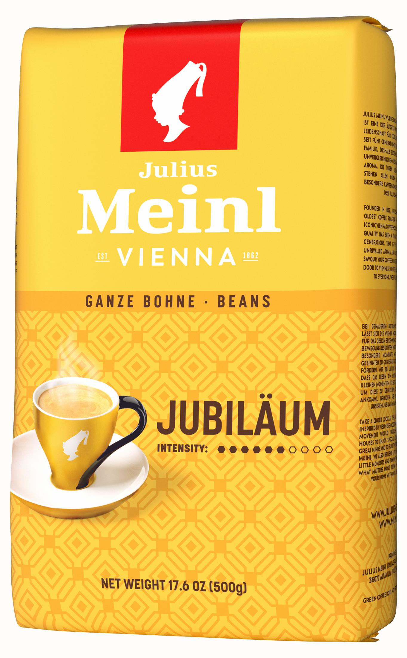 Jubiläumskaffee von Julius Meinl mit einer Kaffeetasse und Text auf Gelb.
