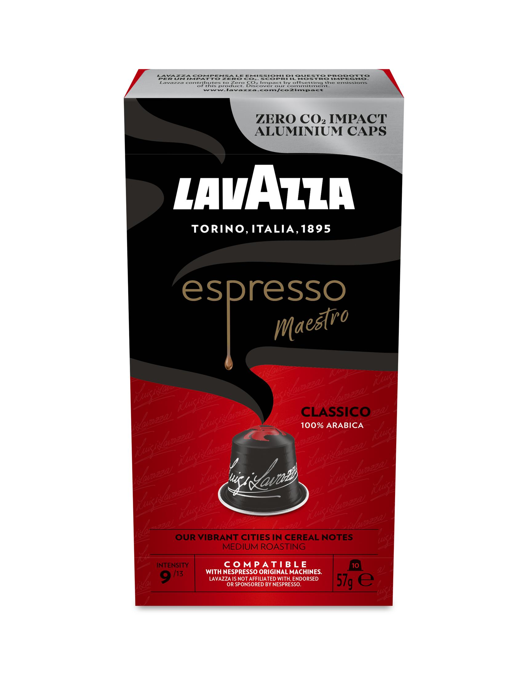 Scatola capsule caffè Lavazza Espresso Maestro nera e rossa con capsula.