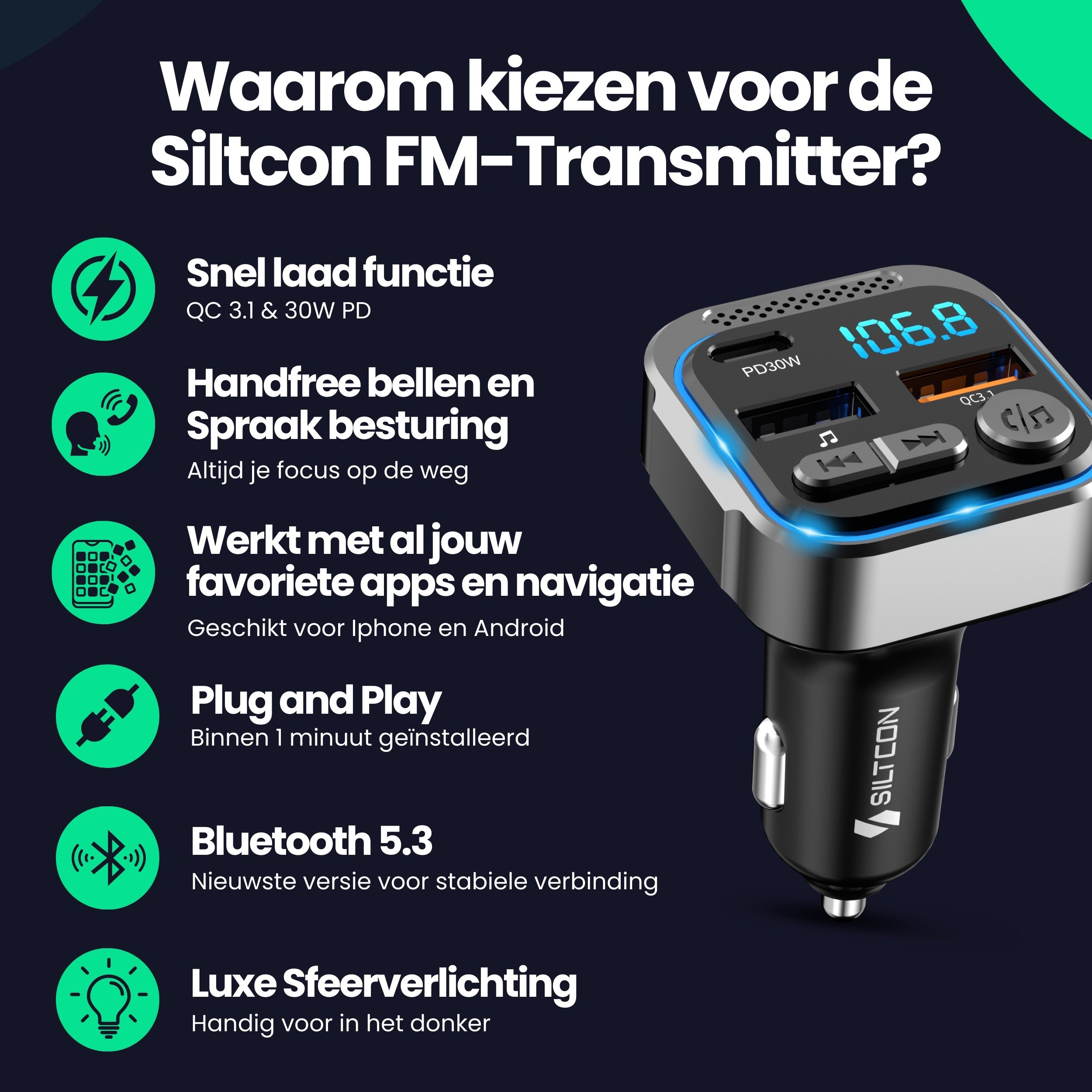 A black FM transmitter with blue light and digital displays.