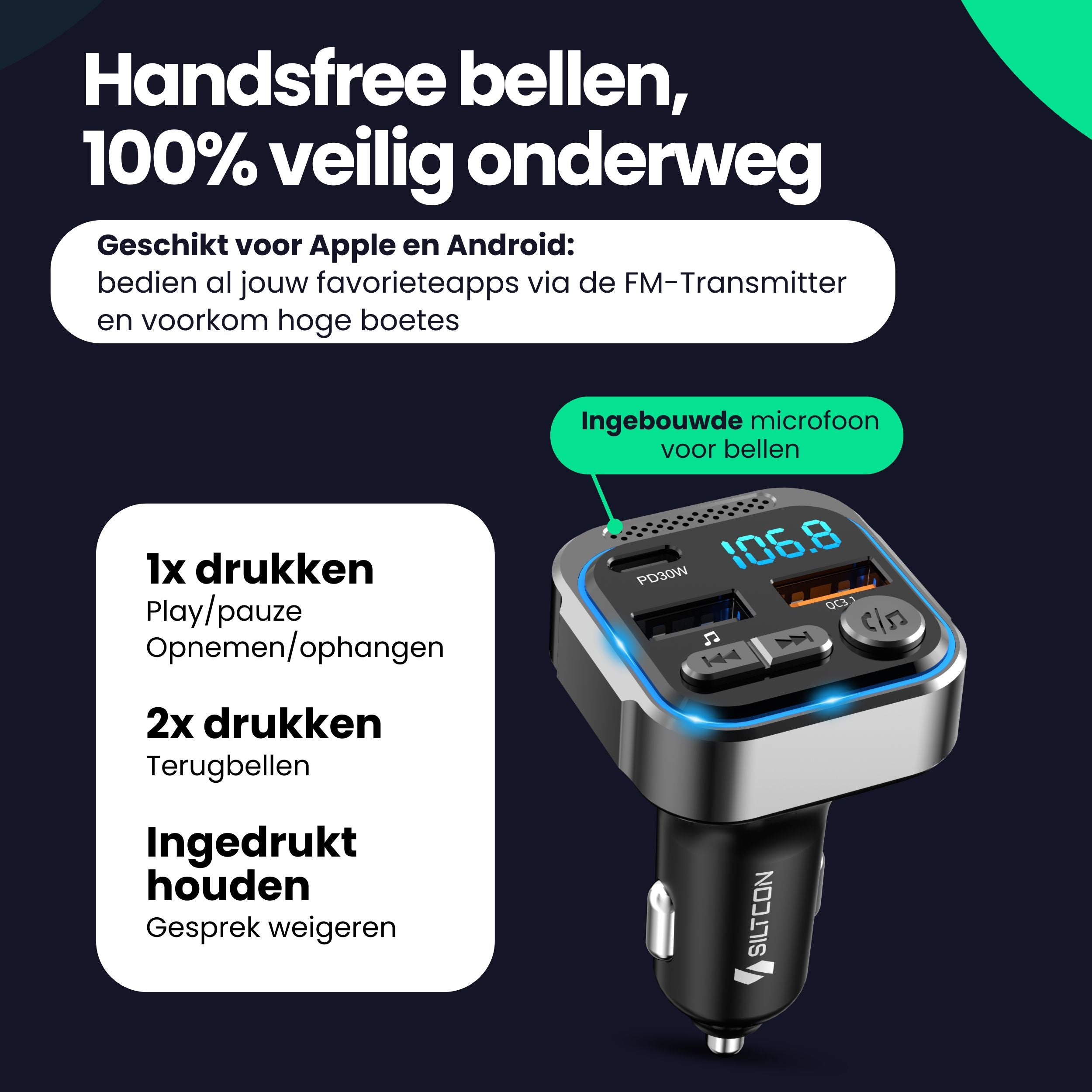 FM transmitter with microphone for calls, music control, and charging. Works with Apple/Android.