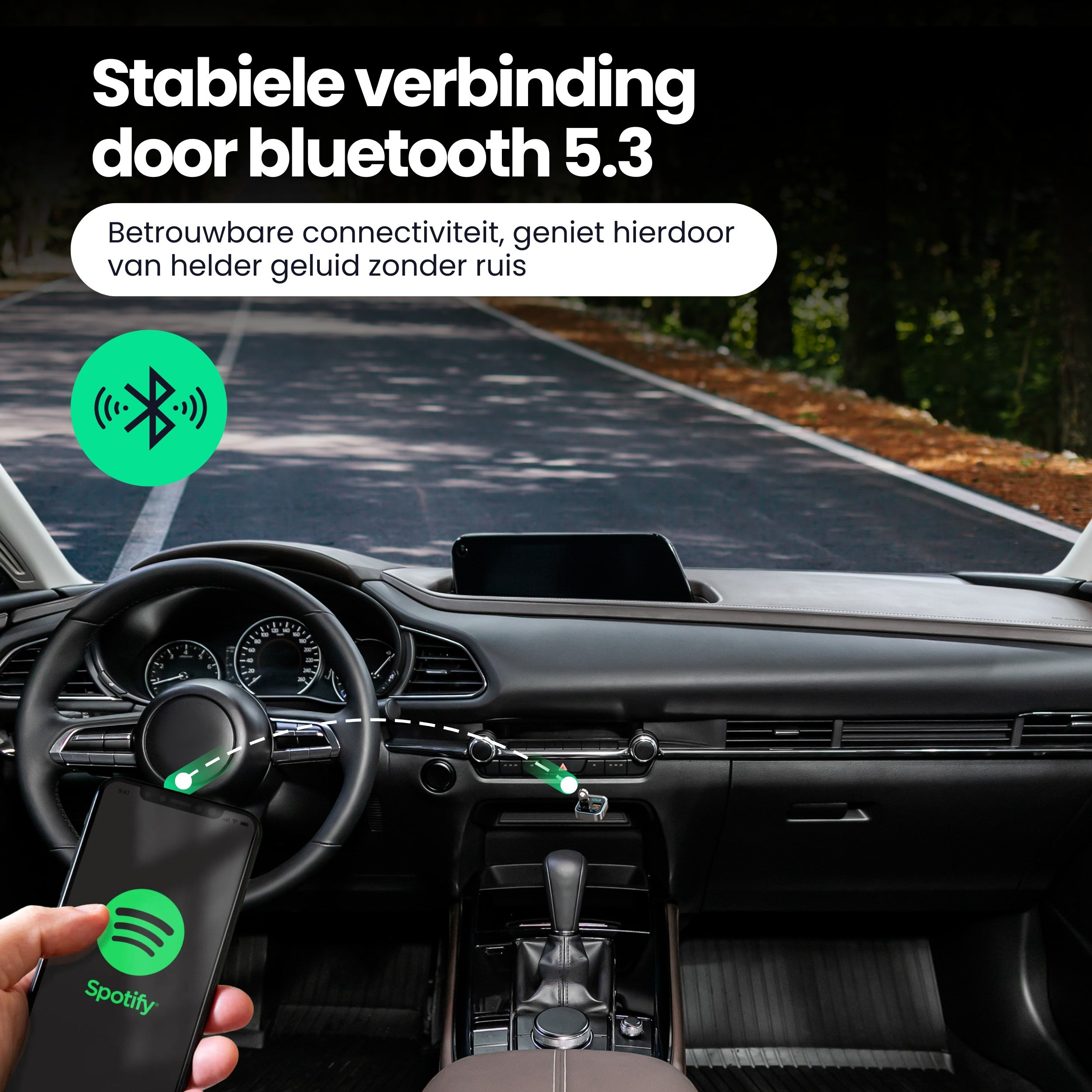 Car interior showing Bluetooth icon and Spotify app on a phone.