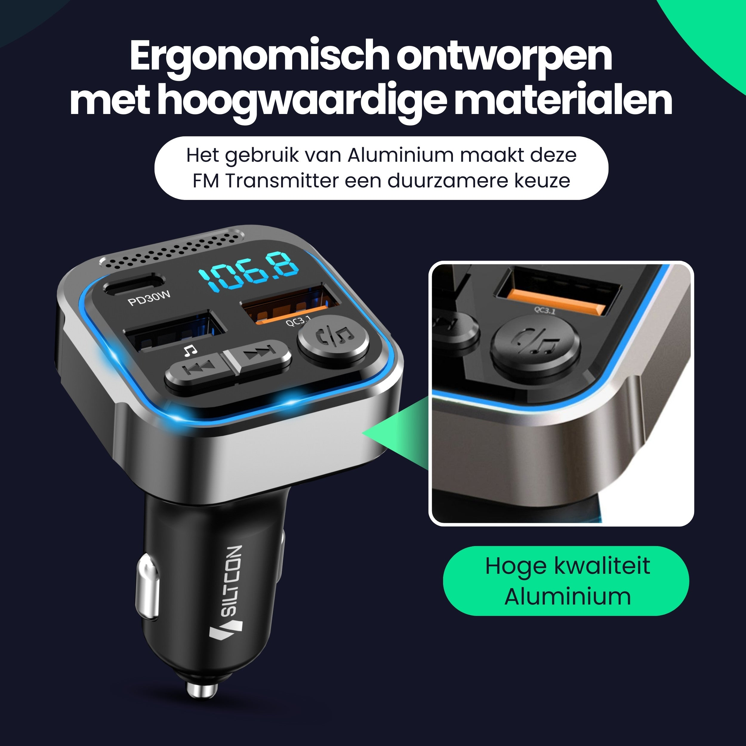 Black FM transmitter with digital display and USB ports, close-up view.