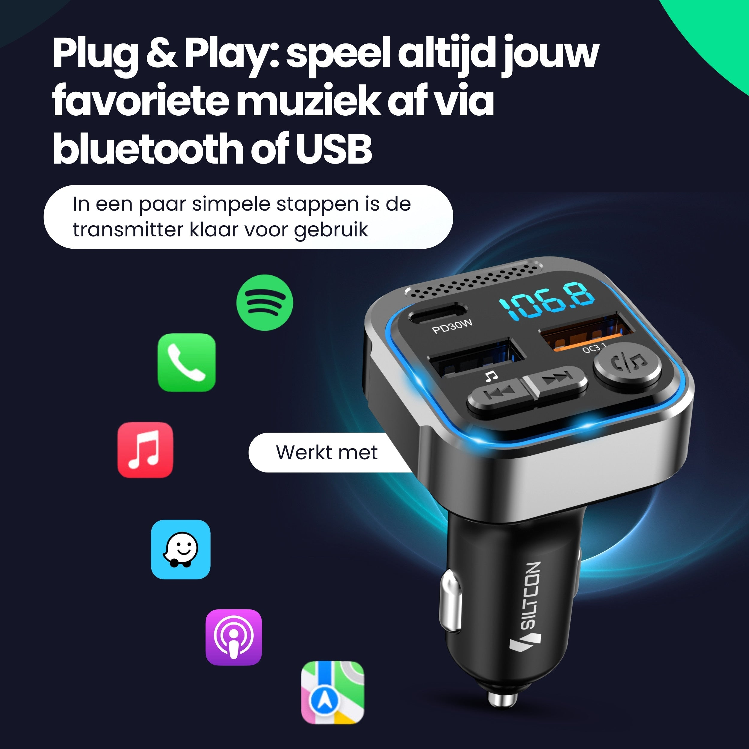 A black Bluetooth transmitter with blue accents, showing music apps and a car radio.