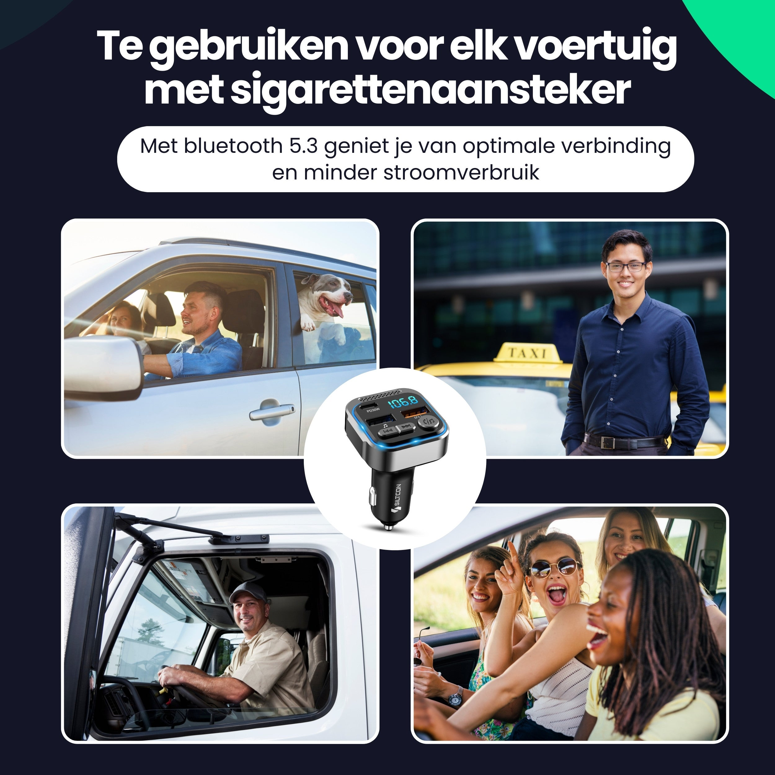 Man driving car with dog, man in front of taxi, truck driver, women in car, Bluetooth adapter.
