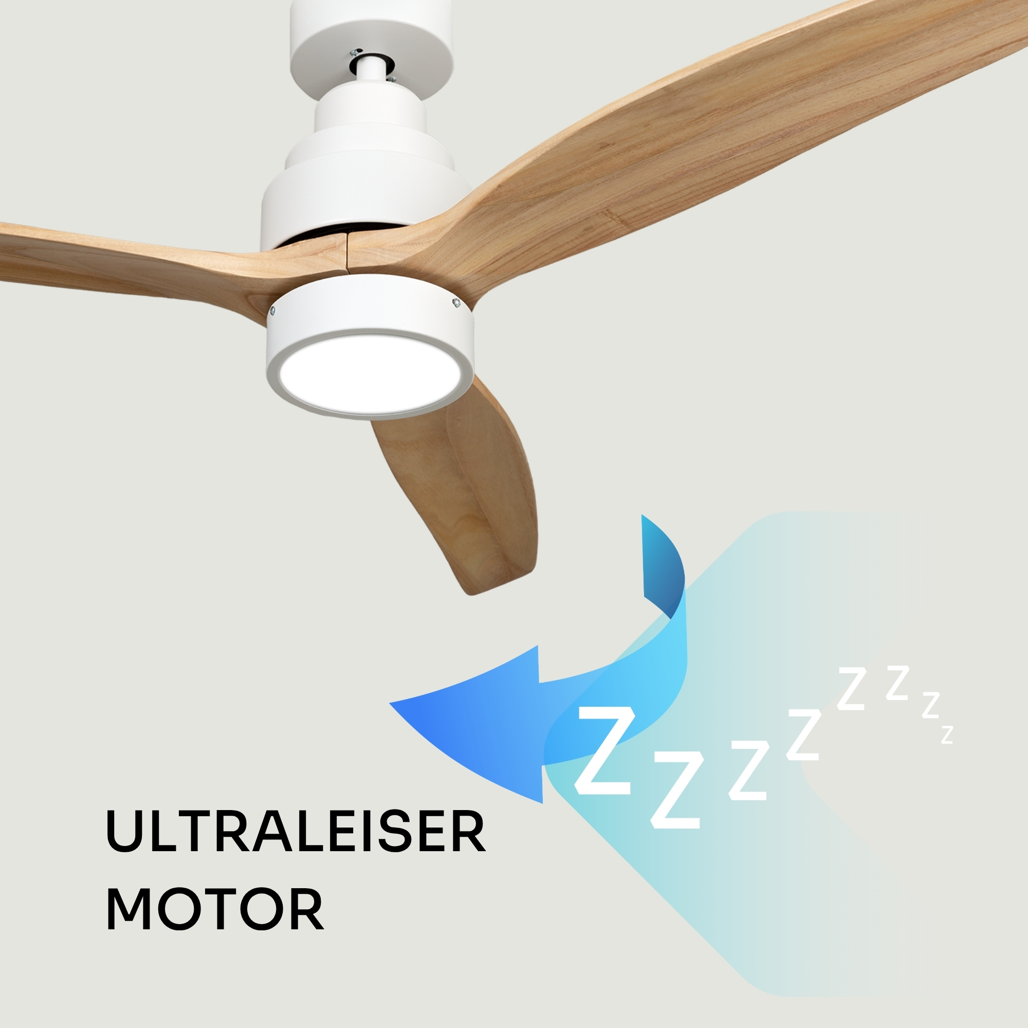 Ventilador de techo blanco con aspas de madera y luz LED. "ULTRALEISER MOTOR"