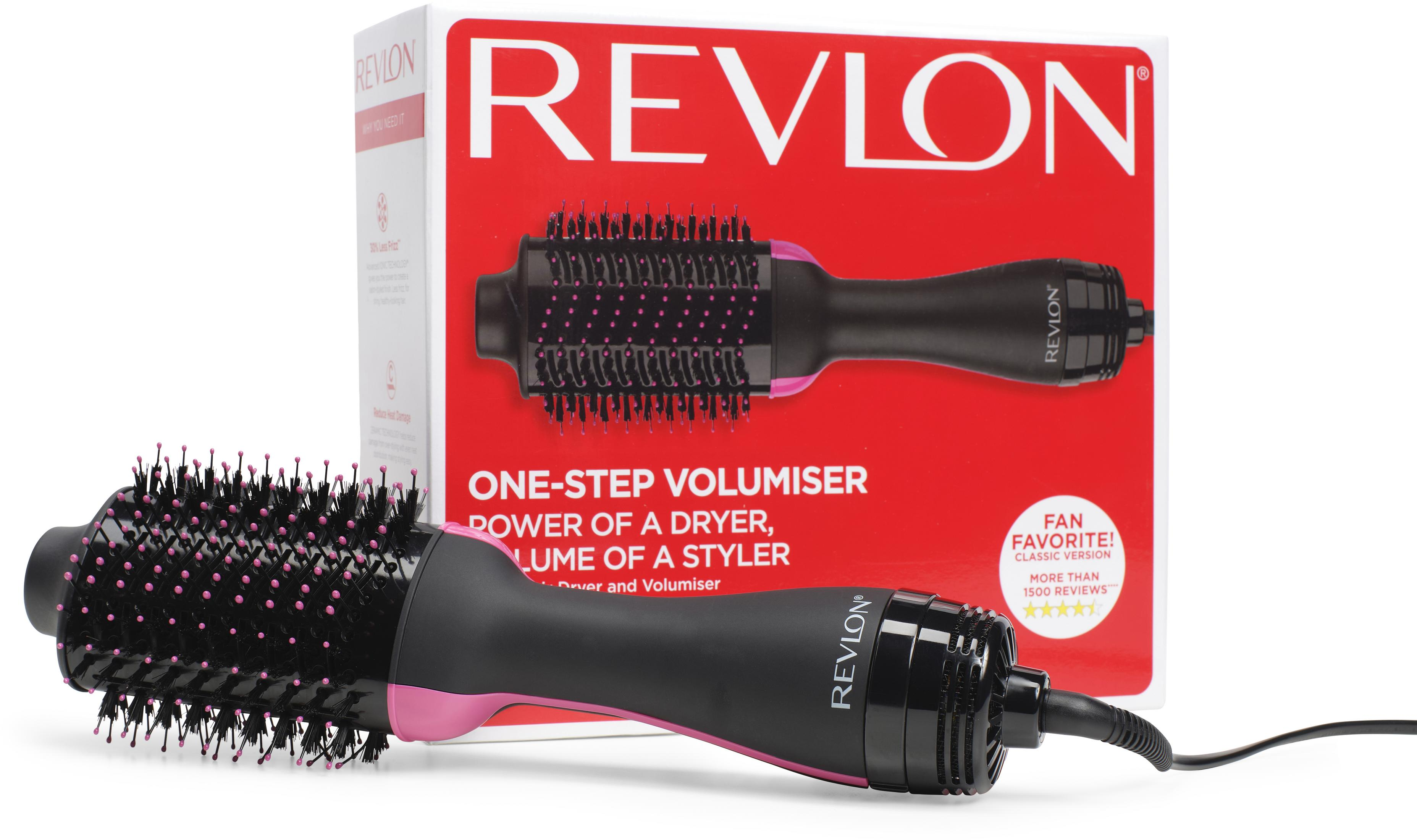 Czarna i różowa suszarko-szczotka Revlon z opakowaniem.
